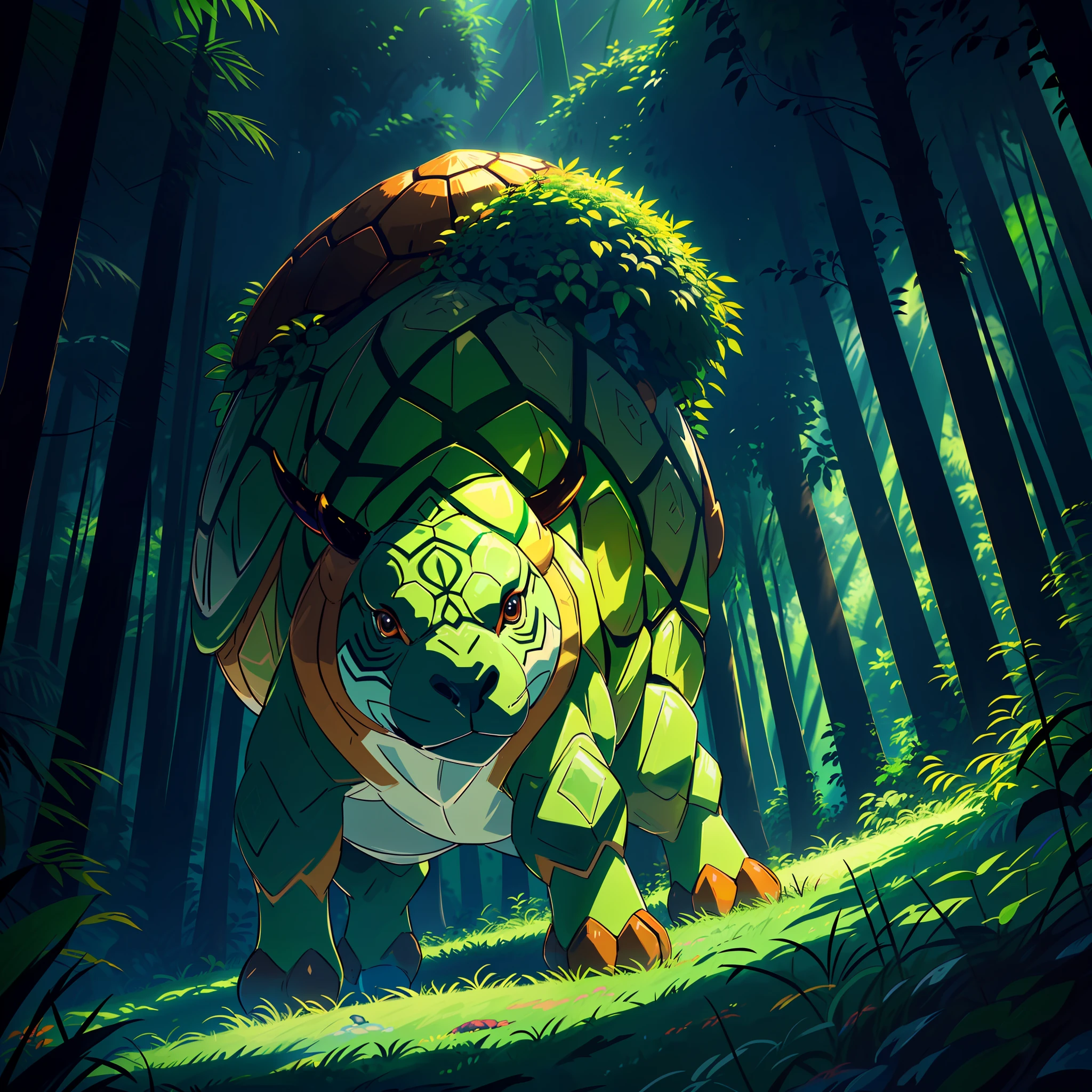 A Torterra Turtle Pokémon with green vines surrounding its body, standing proudly in a lush forest filled with other exotic pokemon and glowing mushrooms. ((Emphasizes "Bull"+"Terra" symbolism in its design and plant element, highlighting the vibrant green and brown tree color palette)) ((a tree in its shell)) ((intimidating))