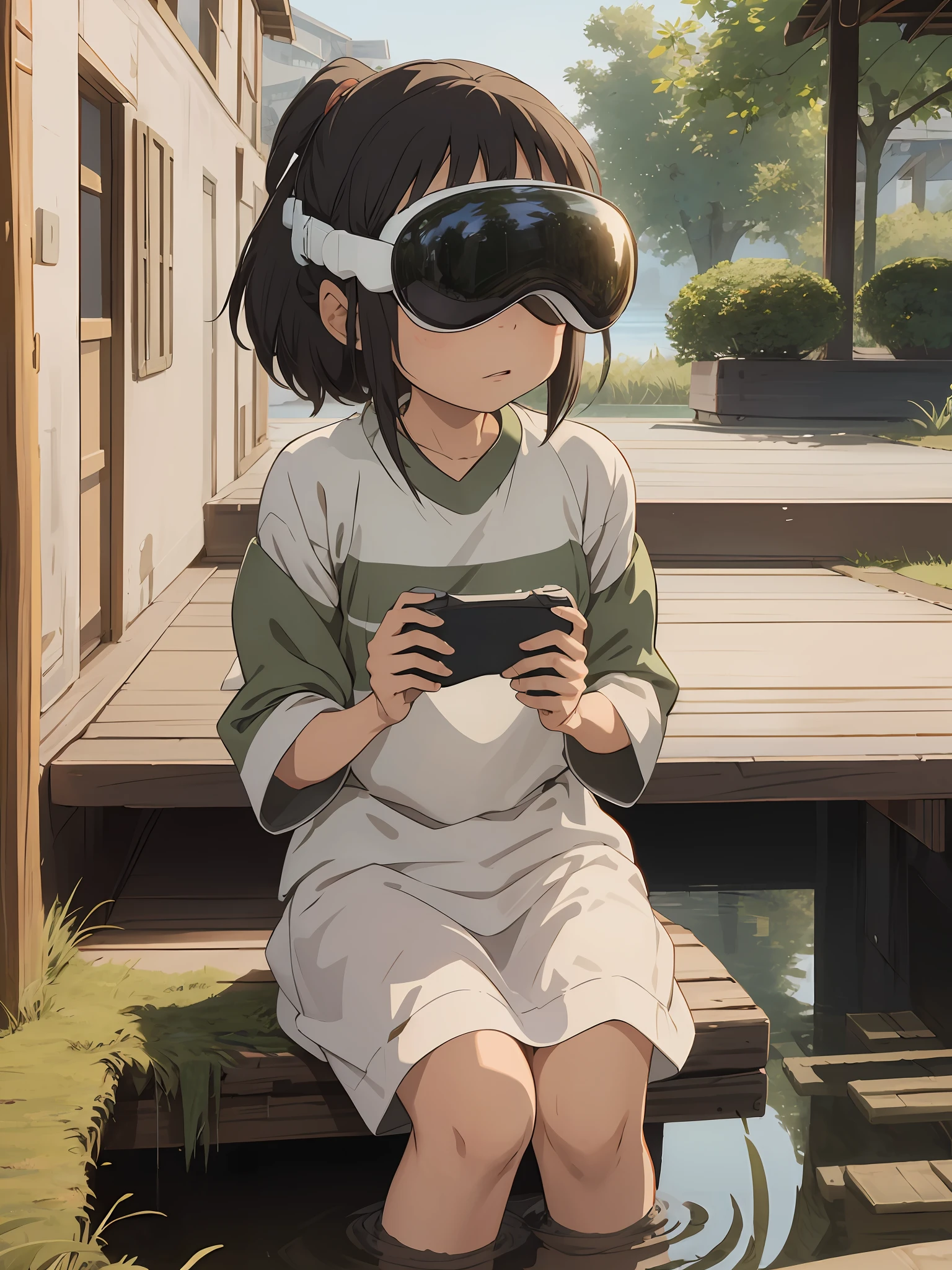 masterpiece, best quality, ultra-detailed, sitting water side, 1girl, Chihiro Ogino,holding a joystick, playing video game, ghibli style ,wearing VR headset,wearing Apple Vision Pro