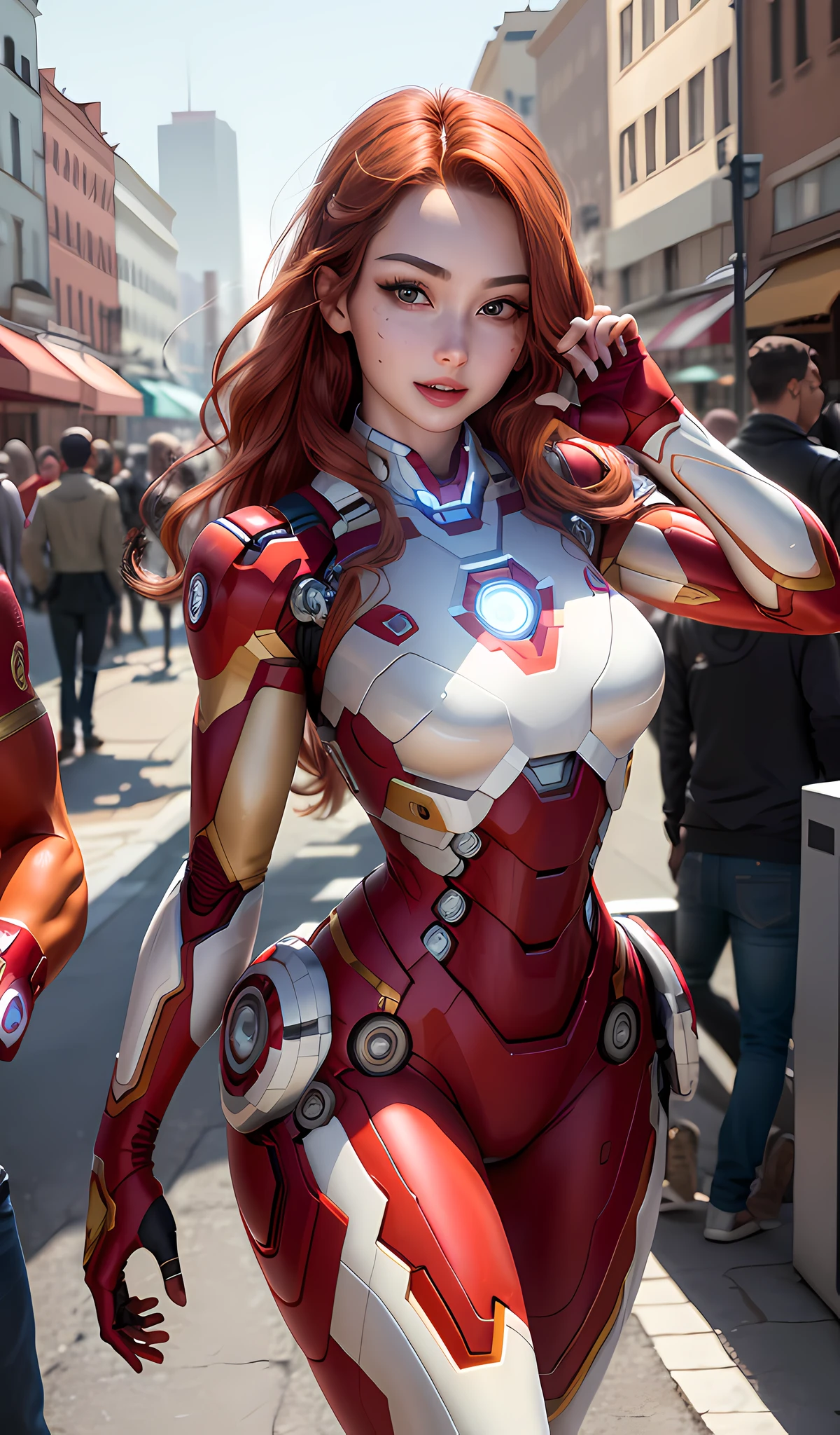 (Best Quality, 8k, 32k, Masterpiece, UHD: 1.5), 4k, realistic, charismatic, lots of detail, there's a Caucasian girl at the top of town, wearing the Iron Man costume, she's an iron man, white superhero theme, long red hair, 25 years old, full body, perfect body, ultra detailed face, detailed lips, thin eyes, double eyelids, (seductive), ((excited: 1.5)),