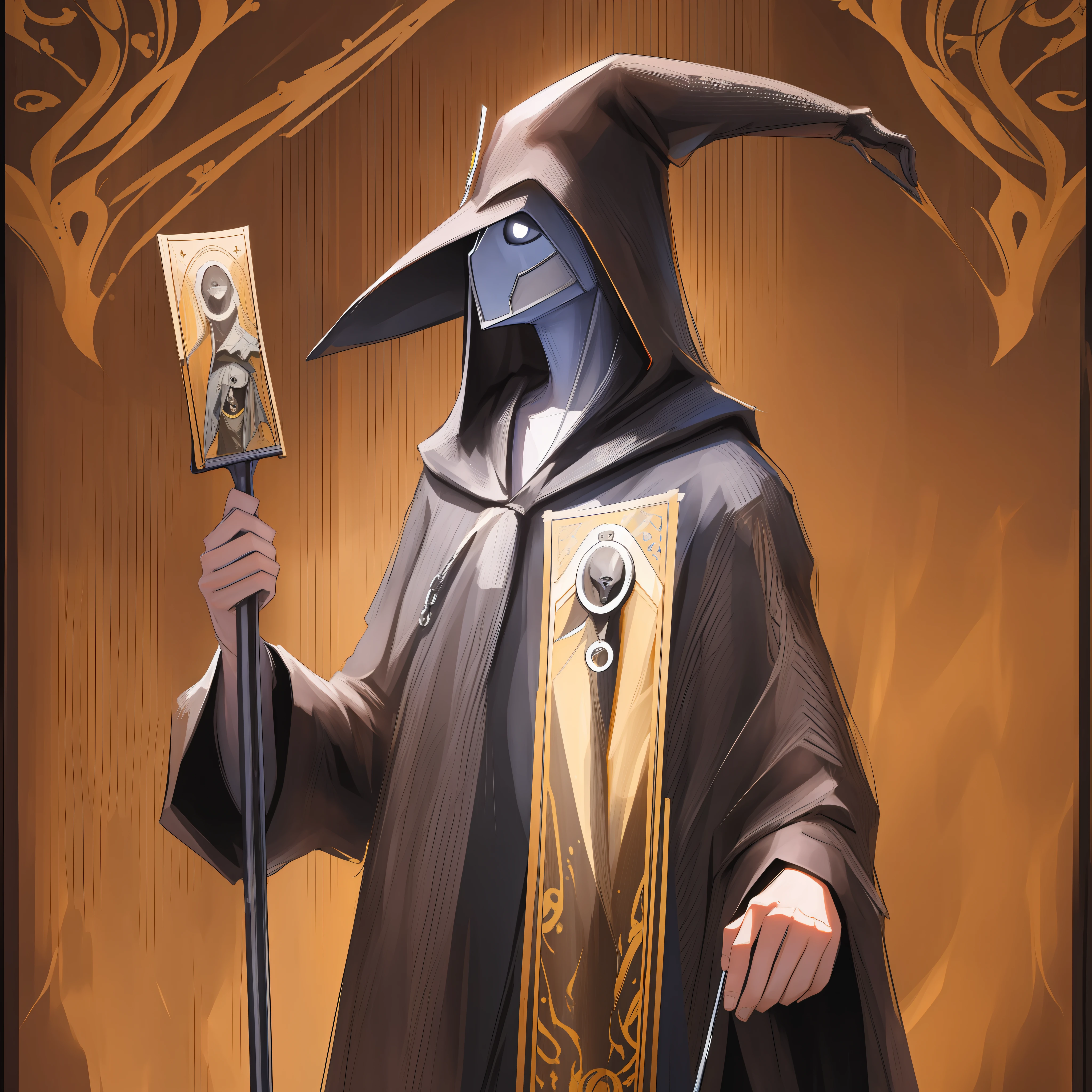 (Masterpiece, Best Quality, Highres:1.4), full body of a black robed plague doctor holding tarot cards and a cane fantasy portrait