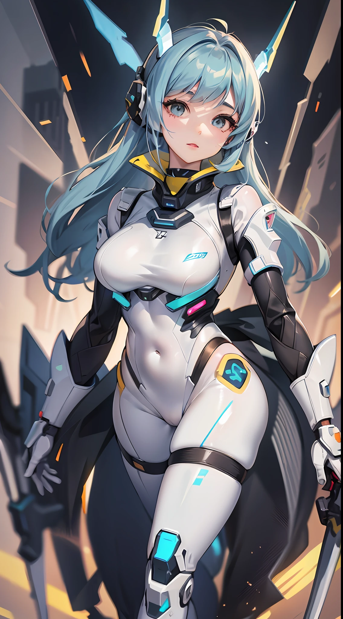 a woman in a futuristic suit with a sword,full-size photograph,Long legs, Slightly chubby,navel,Transparent skin,Perfect body shape,art feminine, Macro distance,mechanized valkyrie girl, ferra white mecha, girl in mecha cyber armor, female mecha, extremely detailed artgerm, echo from overwatch, Clear facial features,gorgeous female paladin,Advanced Rendering,depth of field