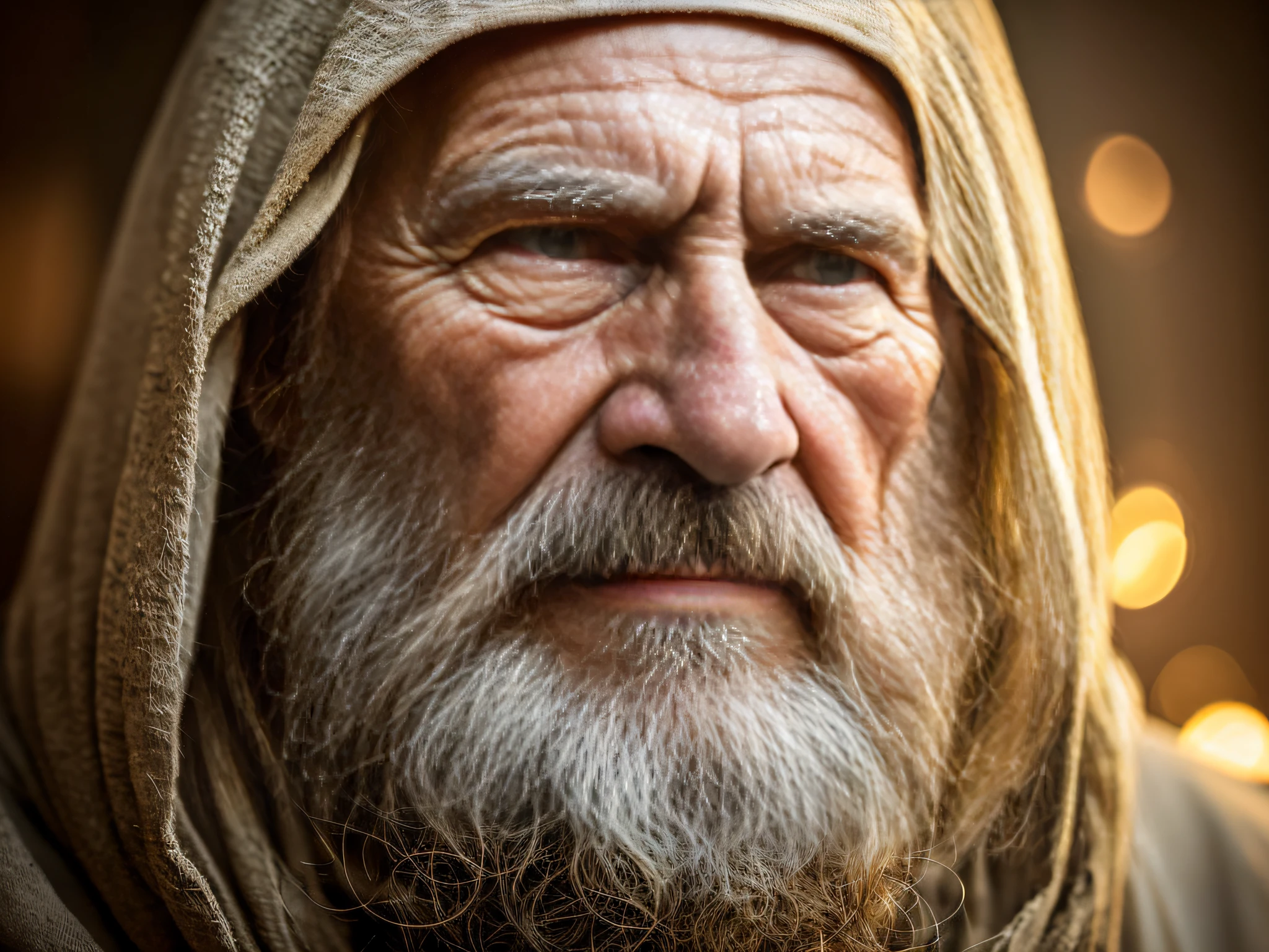 An epic close up portrait of elderly intense sinister eyes, and nose with long white beard, framed with a faded ancient tattered white linen hood, reflecting gold sparks in the irises of the eyes, white eyebrows, at night, dramatic lighting, high contrast, highest definition, hyperrealism, hyperrealistic, photorealistic, high resolution, hdr photography, 8k