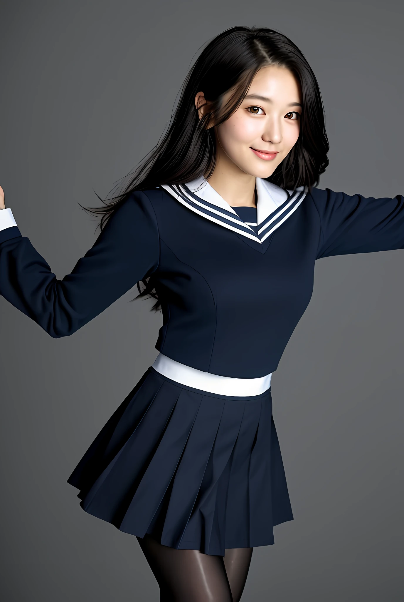 ((top quality, 8k, masterpiece: 1.3)), 1 Japan girl, beauty: 1.4, (black hair, big: 1.45), super detailed face, detailed eyes, cute smile, high school girl uniform in sailor suit, navy blue skirt, black tights, beautiful, attractive, extremely beautiful, black low pumps, no background, around the face, disheveled hair, focus on face, overhead view on face, no background
