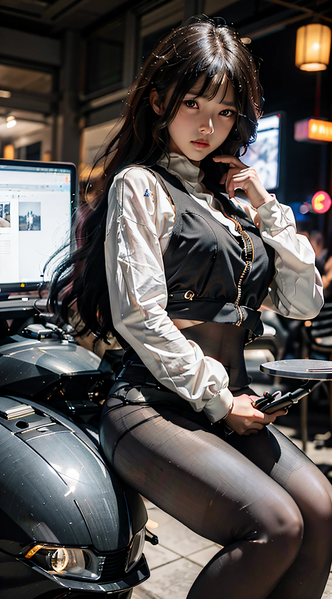 Highest quality, outstanding detail, super high resolution, (realism: 1.4), best illustration, favor details, highly condensed 1girl, with a delicate and beautiful face, dressed in black and white mecha, (torn clothes: 1.5), leggings, wearing a mecha helmet, holding a direction controller, riding on a motorcycle, the background is a high-tech lighting scene of the future city.