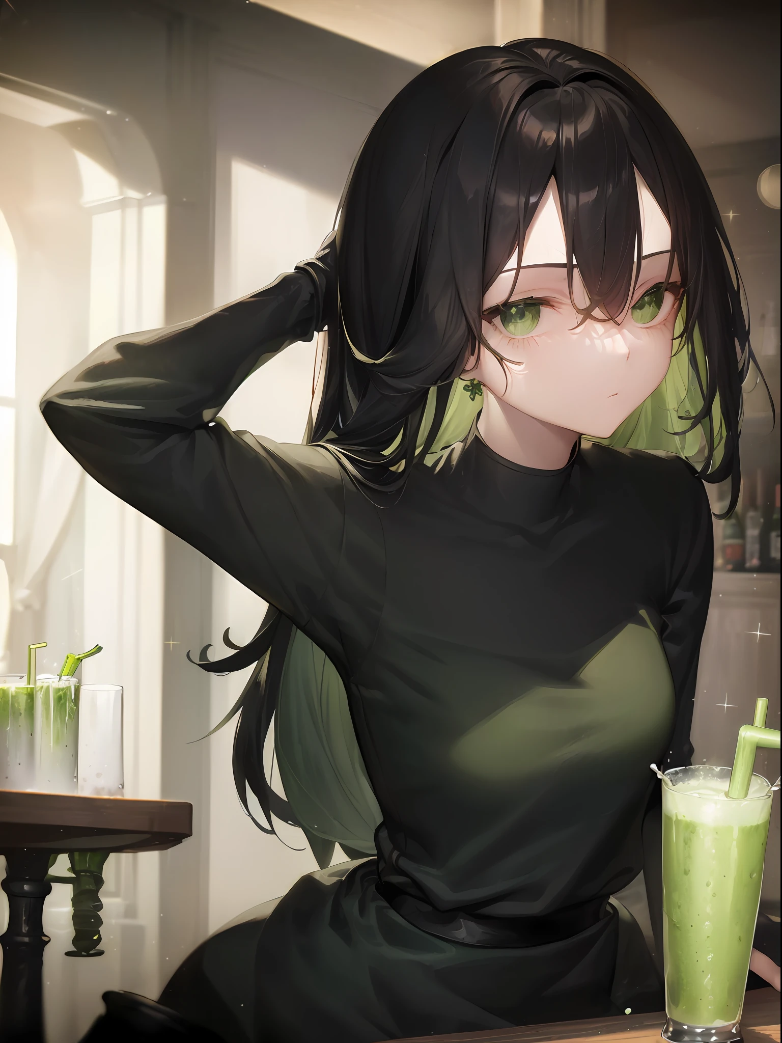 ((Green juice cup, fizzy, sparkling, foamy, holding bones, best quality)),(complex lighting),solo,1girl,upper body, eveline, black dress, black hair, boots, sleeves rolled up, hair over one eye,long hair, pale skin, sitting, on chair, grey eyes