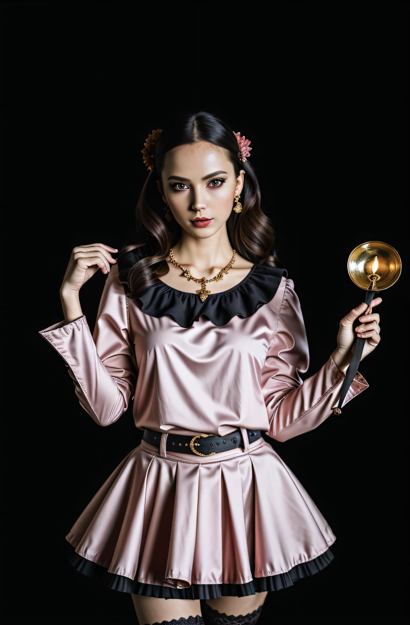 (full length editorial photograph of a sexy european woman), (highly detailed face:1.4) (smile:0.9) short dark pink hair, golden jewelled necklace pendant, smooth pale skin, pink makeup, (background inside dark, moody, private study:1.3) exotic bedroom background, short depth of field focus, low light, candlelight, nikon d850, film stock photograph ,4 kodak portra 400 ,camera f1.6 lens ,rich colors ,lifelike texture, dramatic lighting , cinestill 800, erotic, cyberpunk, jiraikei shirt, jiraikei skirt, black frilled socks,,