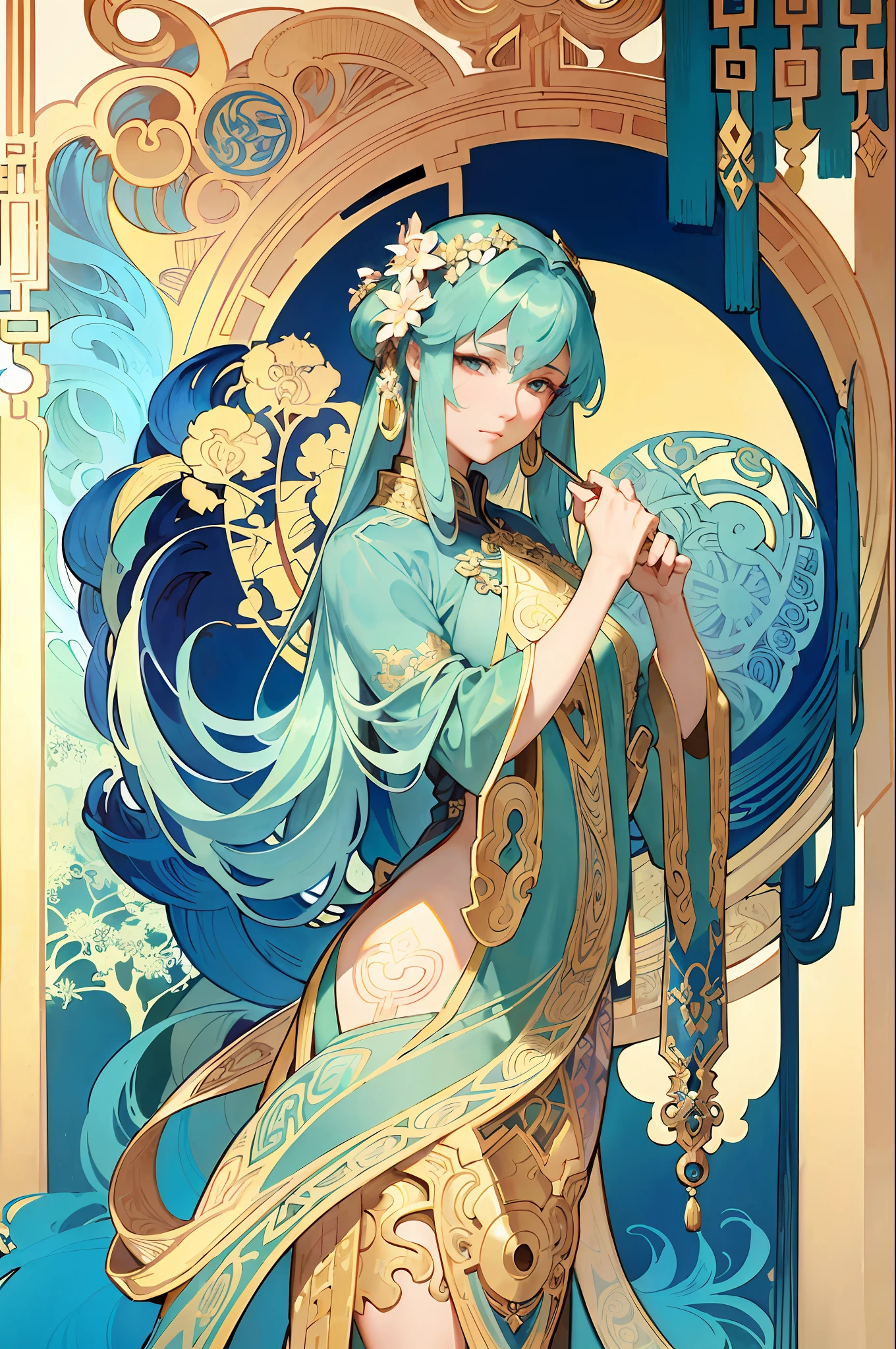 (Alphonse Mucha: 1.4), Facial portrait of a Chinese beauty, Tang Dynasty ladies, Tang Dynasty architectural decoration with long hair, cyan hair flower decoration, (detailed + intricate details: 1.2), 4K, abstract art, body proportional, line art, side face, colorful, Fibonacci, Mucha style
