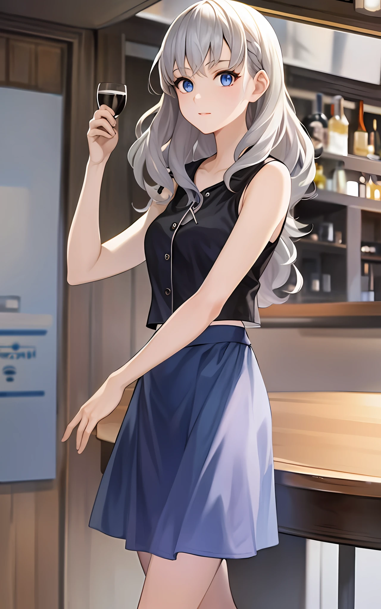 girl, solo, 23 years old, tavern, silver-haired, blue eyes, wavy hair, sister's plain clothes (sleeveless, skirt), looking up at the sky, drunk,