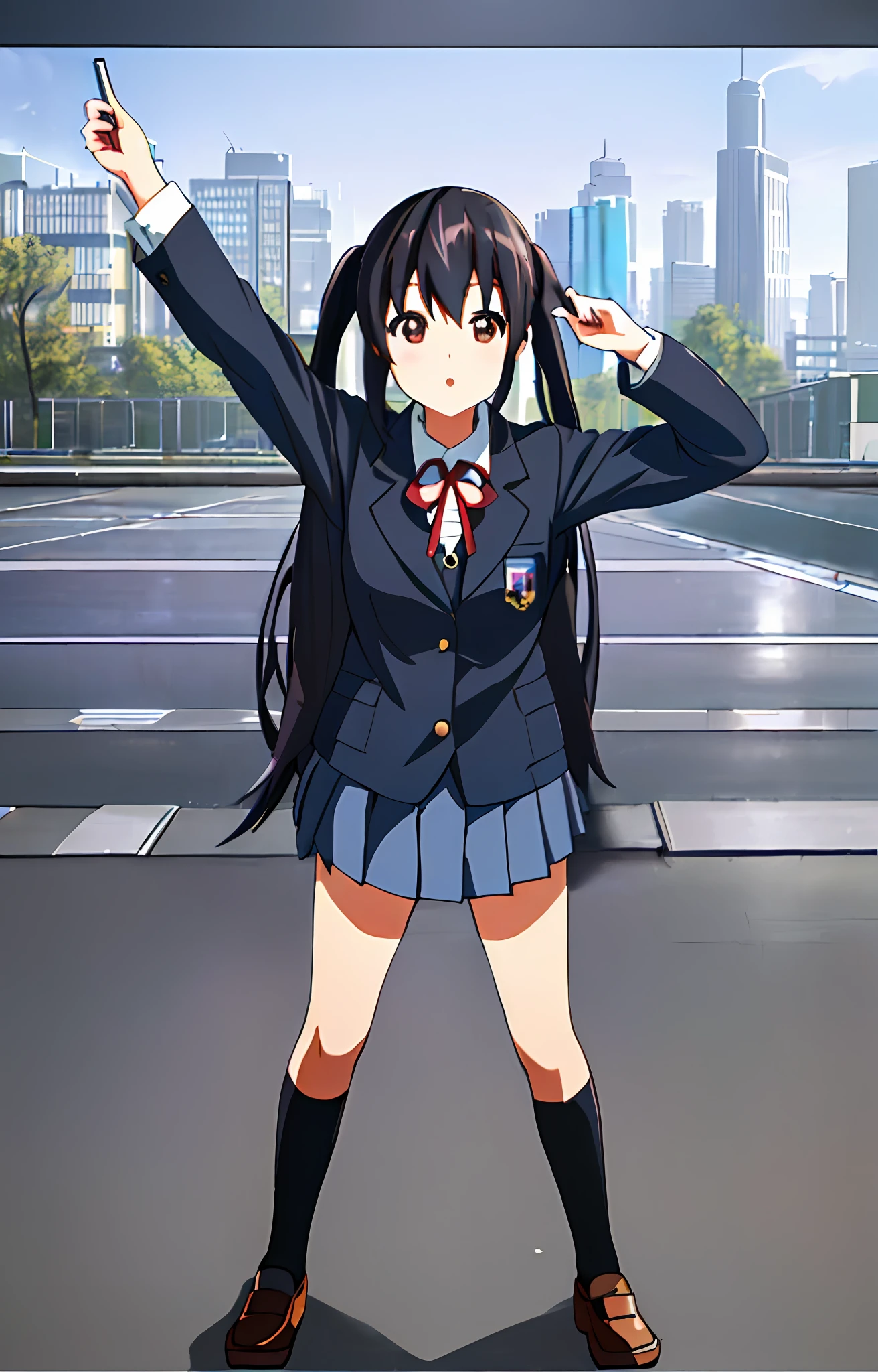 1girl, ((((Masterpiece))), Best Quality, Best Quality, High Detail, Azusa Nakano, 1girl, Sakuragaoka High School Uniform, Musical Instrument, School Uniform, Twin Tails, Long Hair, Black Hair, Brown Eyes, Solo, Red, Dark blue blazer with a thin ribbon of red, Solid white button shirt under blazer, Illustration, Cartoon, Soothing tones, Muted colors, Soft cinematic light, Adobe Lightroom, Photo Lab, HDR, complex and highly detailed, (((depth of field))))). (((Masterpiece))). (((highest quality))).) ((super detail))). (((Illustration))). (((Outside))). (((fighting stance))).,((((Giantization))).dynamic focus.small breasts. (((skyscrapers))). (((Cityscape))). Ultraman, makeover pose.make a fist. from below.