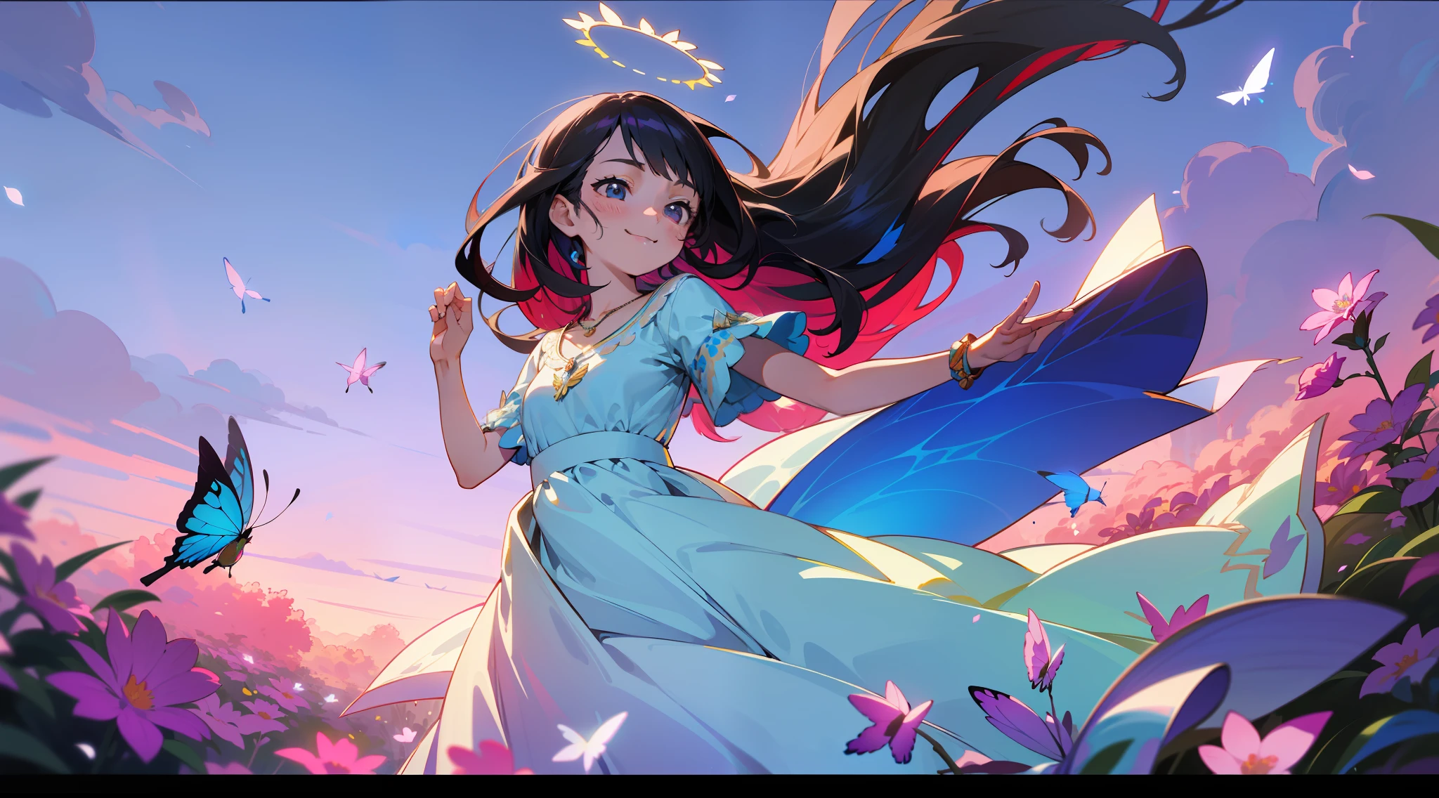 ((SFW)),Masterpiece,(High Quality),(Photoreal))),(Cinematic Direction),(High Contrast),(Depth of Field: 1.2)(Award-winning difference photo),Face details,Detailed drawing,There is a place in the forest where flowers bloom, Girl dancing in a snow-white summer dress in the flower field,Animals are happily jumping around the girl, Colorful little birds and butterflies fly around the girl. The girl is 11 years old, very long hair with black hair, summer sky, summer clouds, summer dazzling sunshine, flower garden, girl with open arms, necklace, smile, smile, joyful, girl looking up at the sky, deer, flapping duck, winged goose, hummingbird, European bulbul, kingfisher, European orli, butterfly, dazzling halo light, (dazzling glow: .1.4, (glow: 1.3), backlit, ( multicolored petals flutter in the wind),