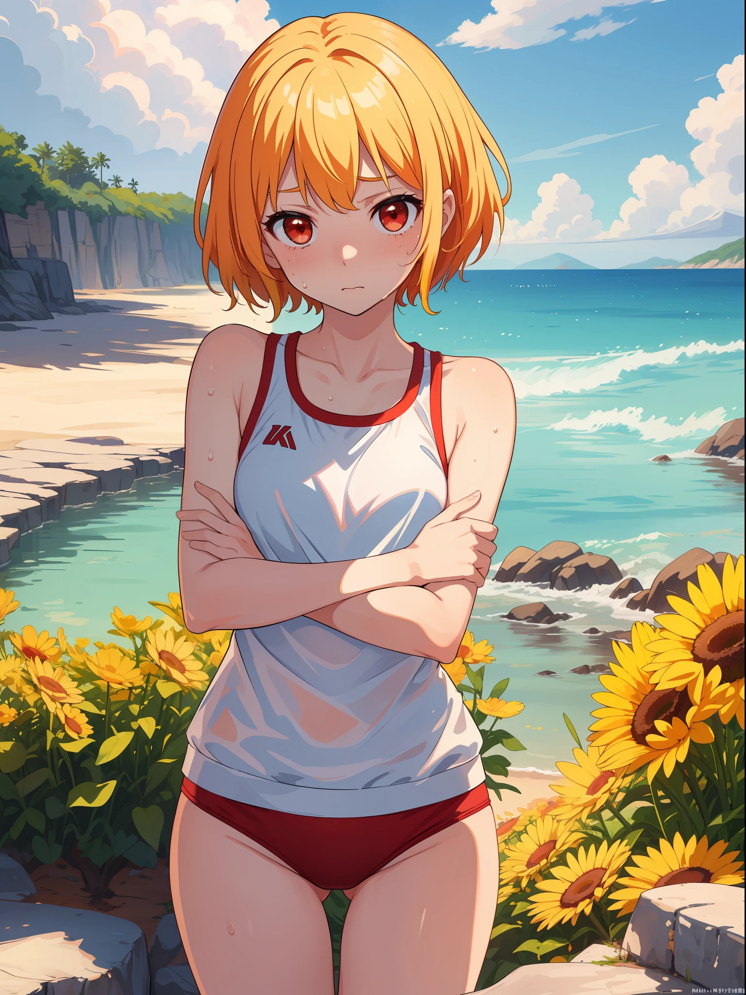 Masterpiece, top quality, ultra high definition CG: 8K wallpaper, summer, hot, beautiful girl, beautiful proportions, lolita, slender, short stature, sweat, embarrassed, red eyes, yellow hair, short hair, red school swimsuit, sweat,  girl, hands hide, clouds, twilight. ）