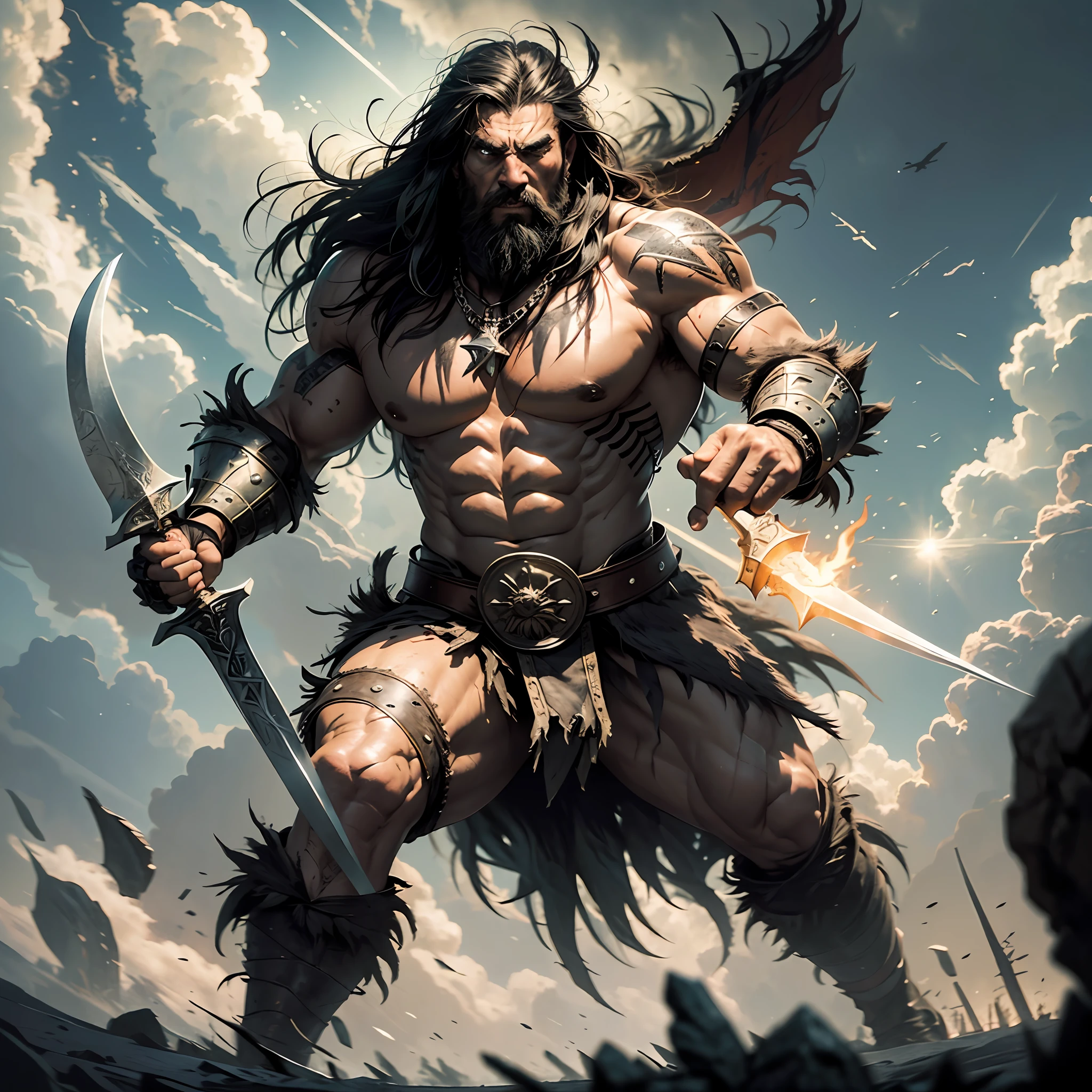 a man with a black sword In a war,Angry and fighting, barbarian, barbarian on Roman battlefield, barbarian class, berserker, epic mythology, conan the barbarian, barbarian warrior, conan, male barbarian, frank frazetta8k, fur-clad barbarian goliath, dark epic fantasy, viking berserker, heroic masculine pose, wielding a huge great axe, brom redshift, Fire blood everywhere --auto --s2