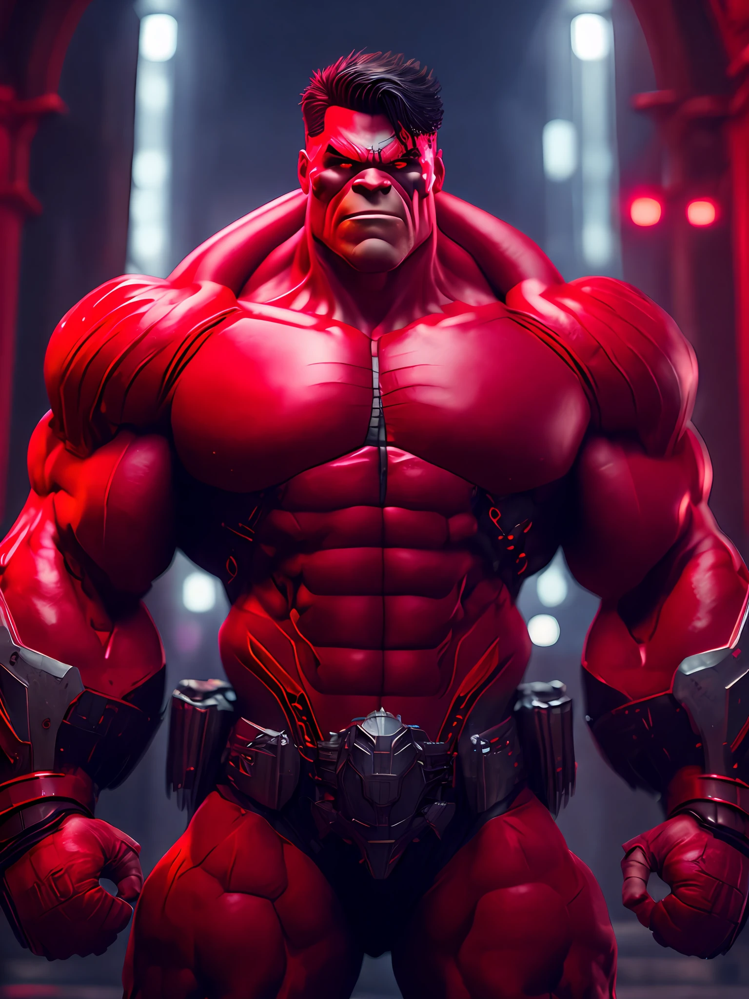 Portrait, Red Hulk from Marvel, biomechanical, complex robot, full growth, hyper-realistic, insane small details, extremely clean lines, cyberpunk aesthetic, masterpiece unveiled at Zbrush Central, gothic brutalist cathedral, cyberpunk, award-winning photo, bokeh, neon lights, cybernetic limb