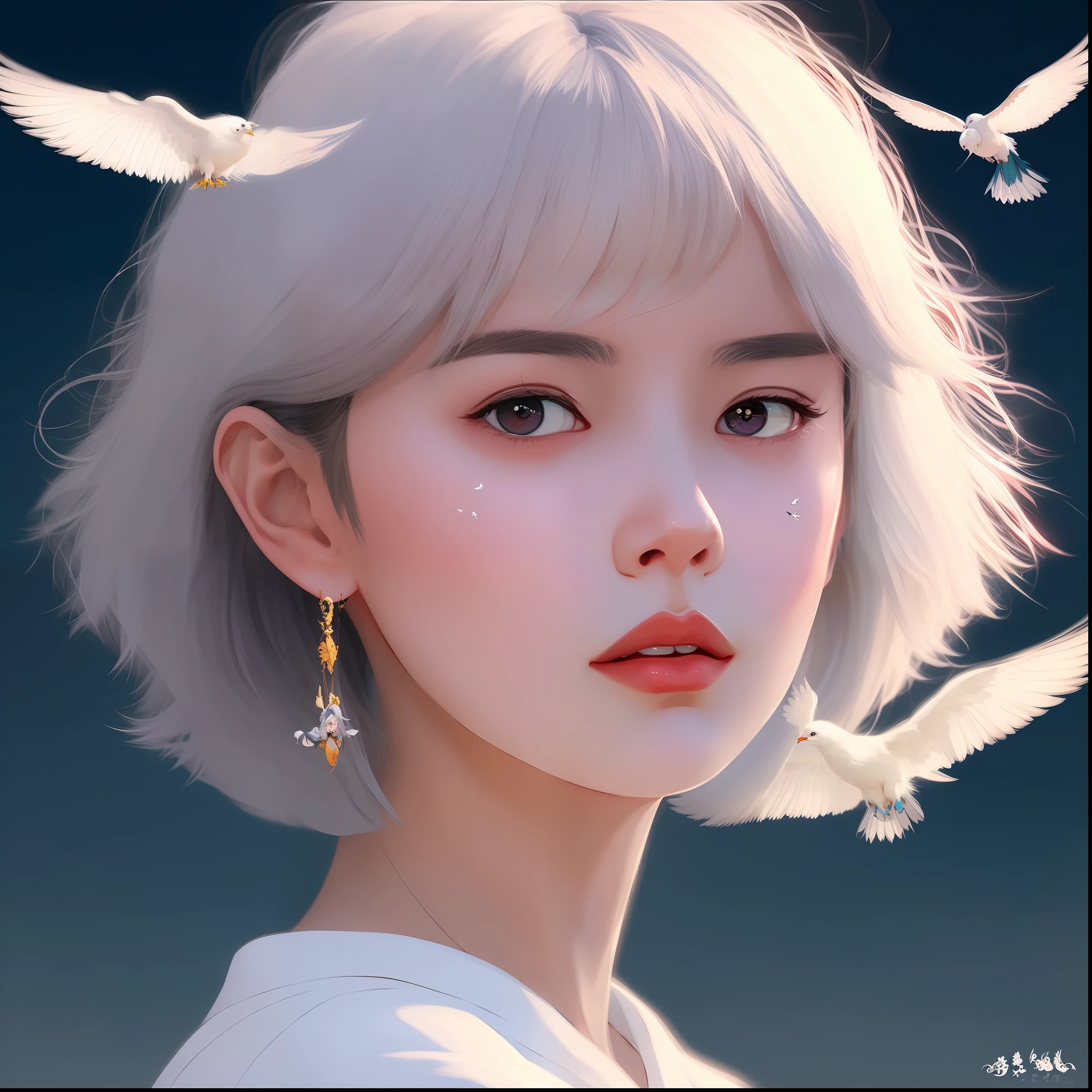 anime girl with white hair and white doves flying around her, artwork in the style of guweiz, beautiful digital illustration, [ 4 k digital art ]!!, a beautiful artwork illustration, stunning digital illustration, realism artstyle, kawaii realistic portrait, digital art. artstation, low detailed. digital painting, digital anime illustration, inspired by Yanjun Cheng, 🤤 girl portrait