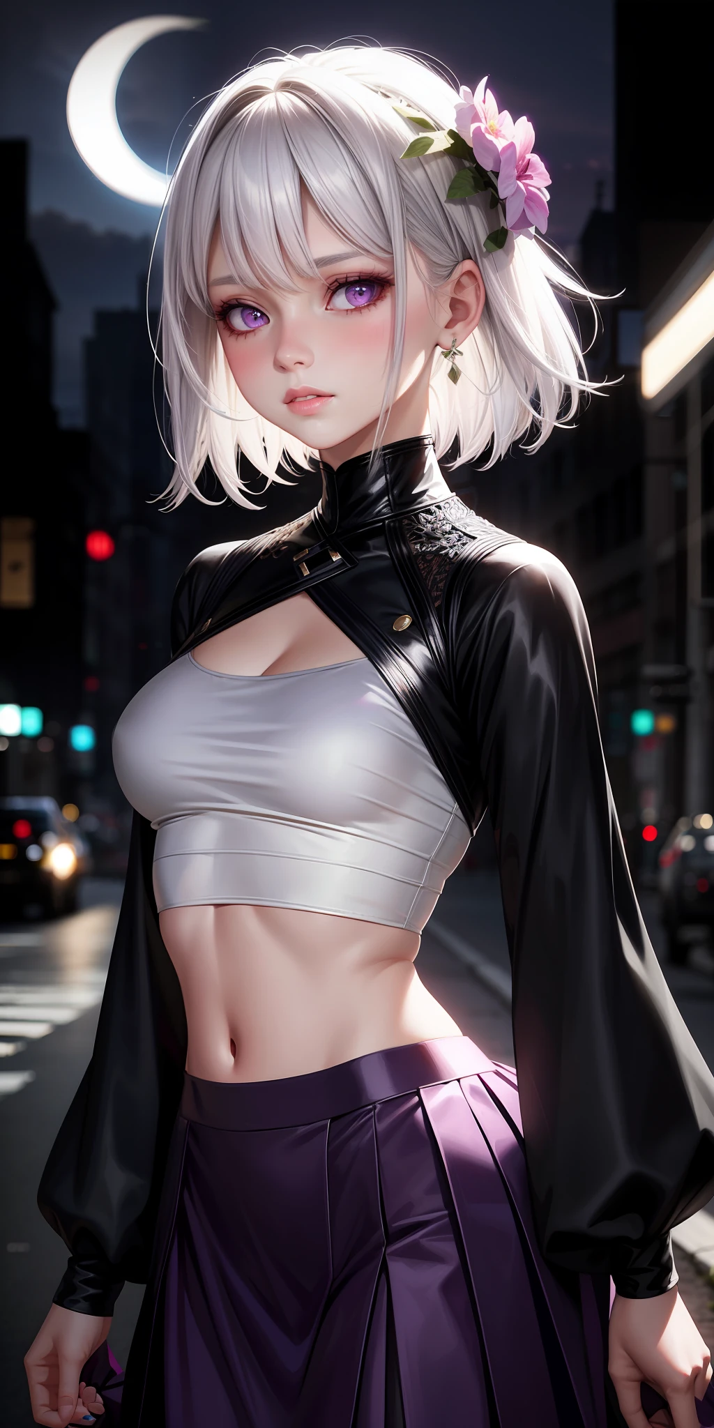 realistic, 1girl, white hair, purple eyes, glowing eyes, crop top, skirt, parted lips, blush, night, flowers, sun, sunlight,