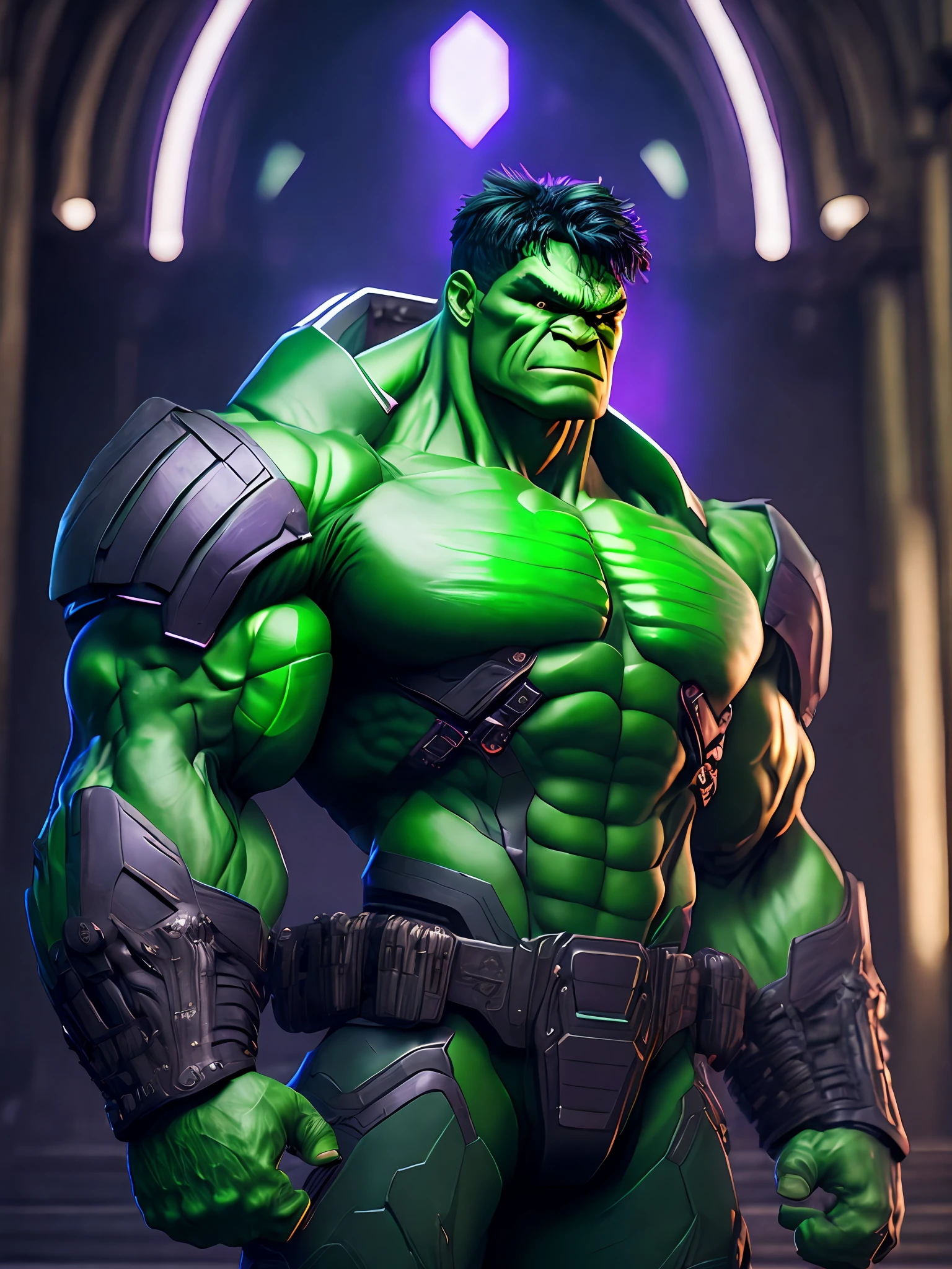 Portrait, Hulk from Marvel, biomechanical, complex robot, full growth, hyper-realistic, insane small details, extremely clean lines, cyberpunk aesthetic, masterpiece featured on Zbrush Central, gothic brutalist cathedral, cyberpunk, award-winning photo, bokeh, neon lights, cybernetic limb