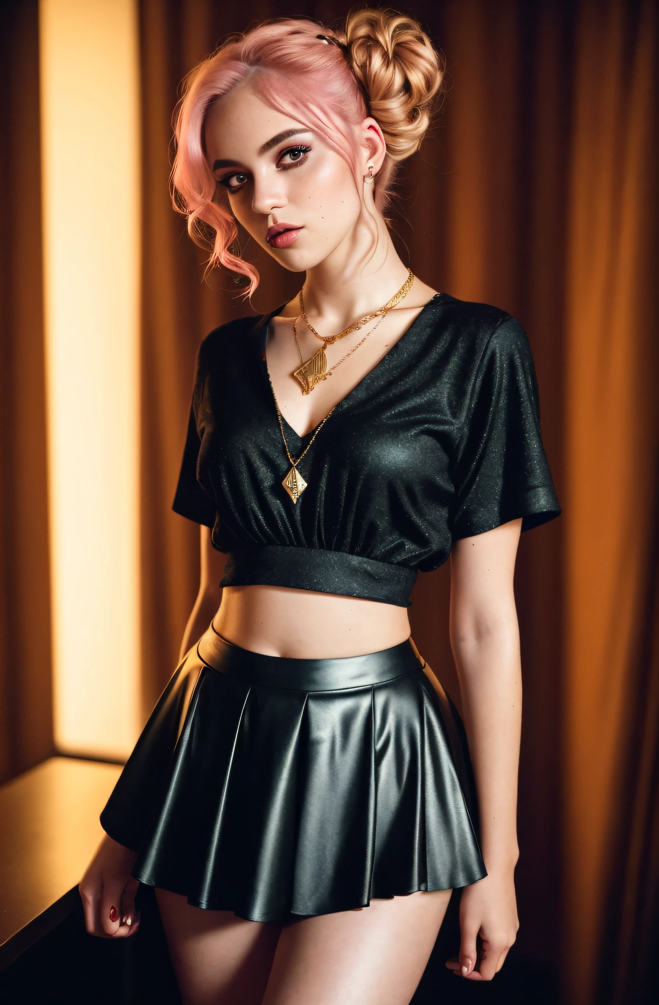 (full length editorial photograph of a 18 yo sexy woman), (highly detailed face:1.4) (smile:0.3) short pink hair, space buns hairstyle, golden jewelled necklace pendant, smooth pale golden skin, dark makeup, tight iridescent cyberpunk crop top short pleated roman skirt, (background inside dark, moody, private study:1.3) exotic bedroom background, short depth of field focus, low light, candlelight, nikon d850, film stock photograph ,4 kodak portra 400 ,camera f1.6 lens ,rich colors ,lifelike texture, dramatic lighting , cinestill 800, erotic, gothic, cyberpunk, neon