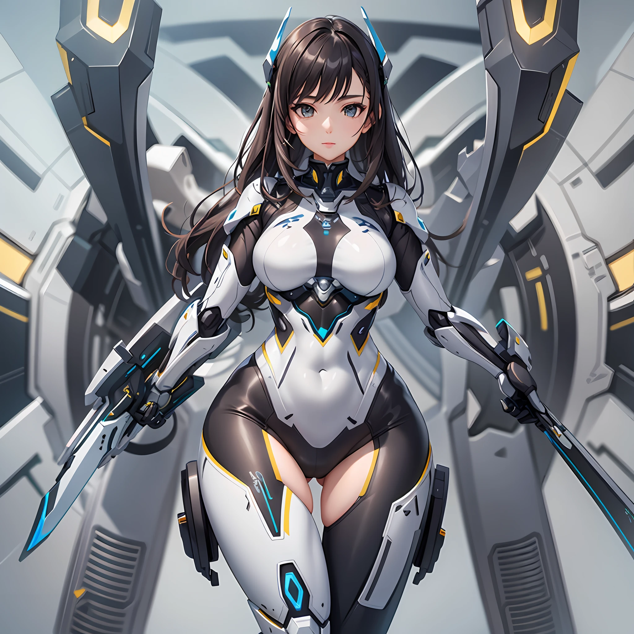a woman in a futuristic suit with a sword,full-size photograph,Long legs, Slightly chubby,navel,Transparent skin,Perfect body shape,art feminine, Macro distance,mechanized valkyrie girl, ferra white mecha, girl in mecha cyber armor, female mecha, extremely detailed artgerm, echo from overwatch, Clear facial features,gorgeous female paladin,Advanced Rendering,depth of field
