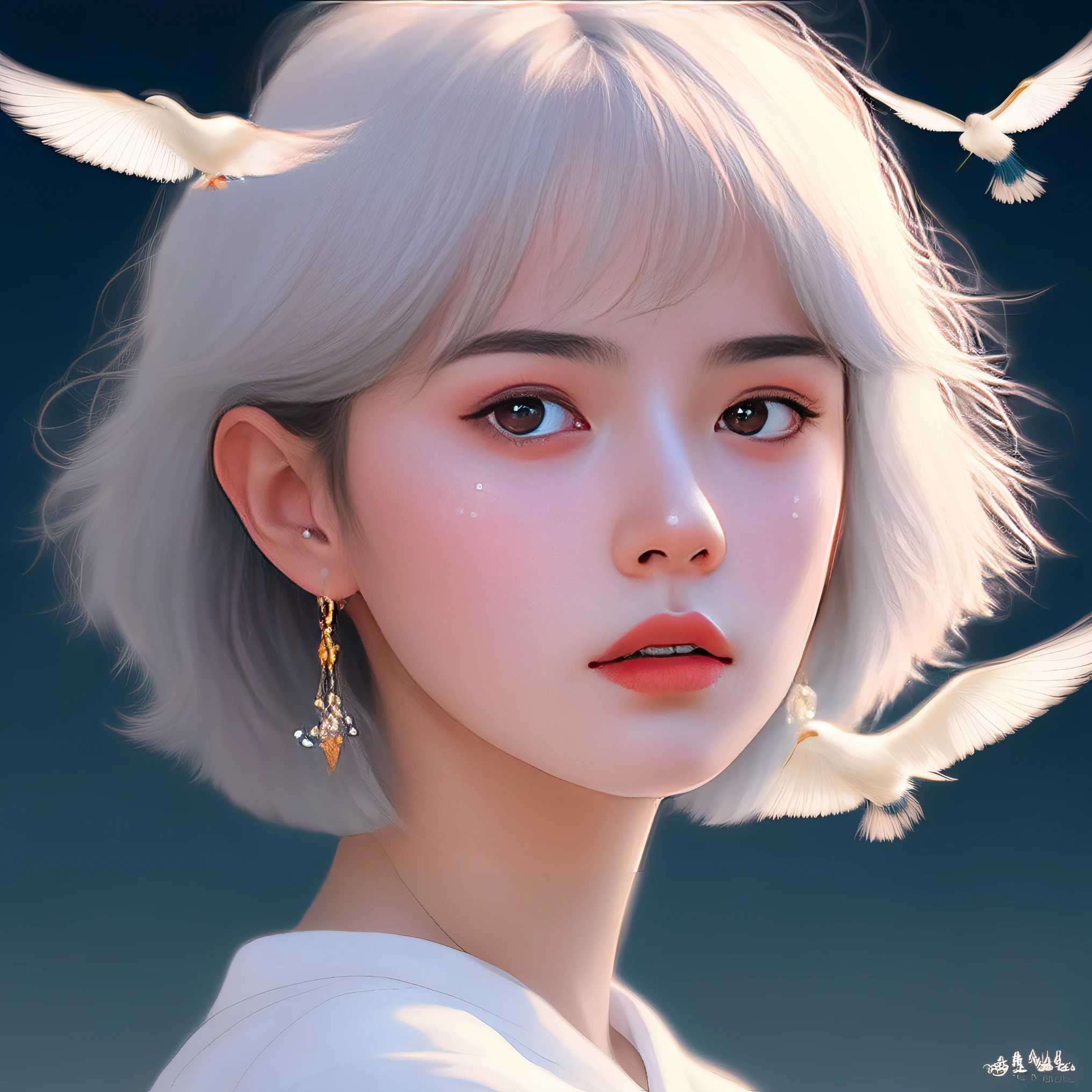 anime girl with white hair and white doves flying around her, artwork in the style of guweiz, beautiful digital illustration, [ 4 k digital art ]!!, a beautiful artwork illustration, stunning digital illustration, realism artstyle, kawaii realistic portrait, digital art. artstation, low detailed. digital painting, digital anime illustration, inspired by Yanjun Cheng, 🤤 girl portrait