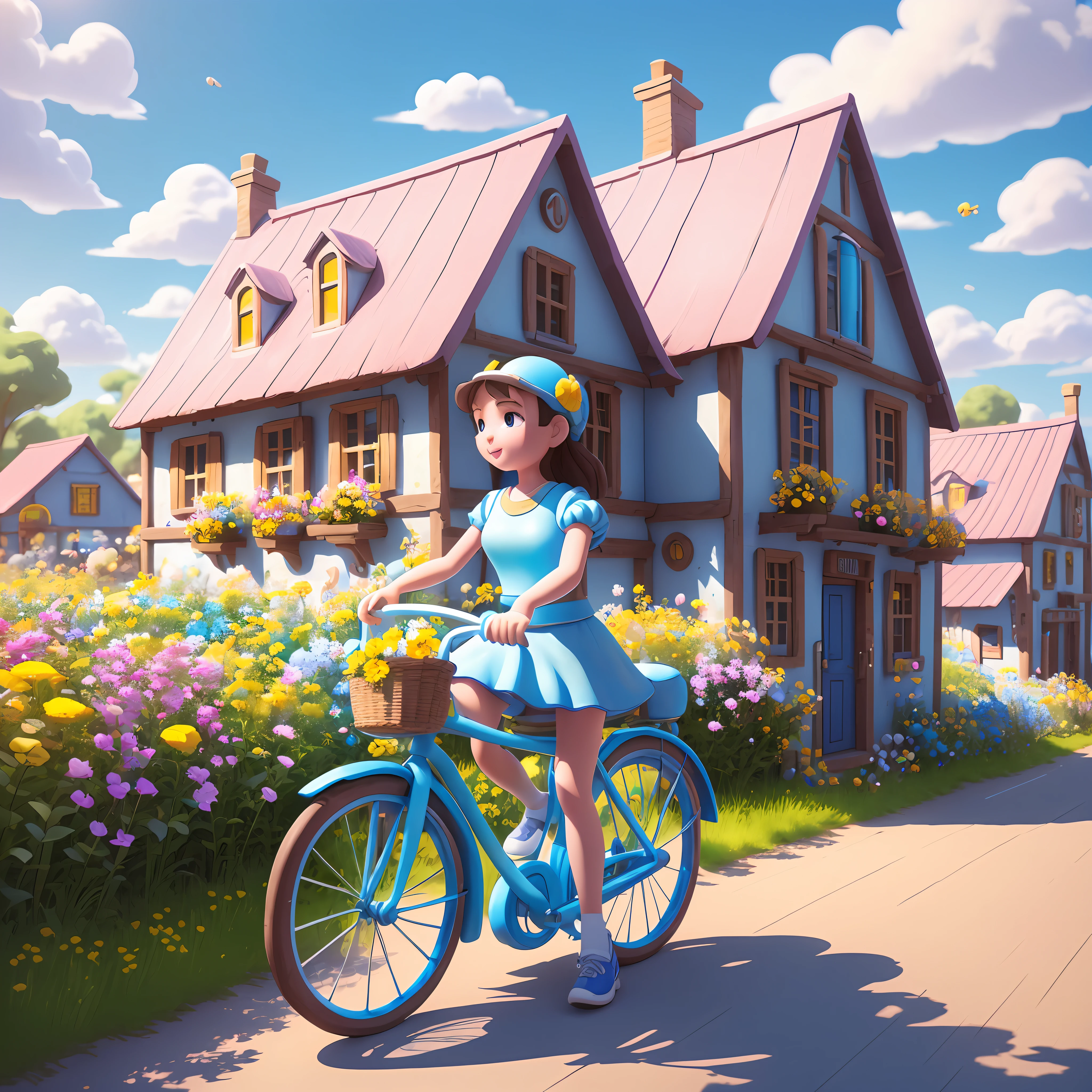 Super cute bubble mart girl IP in a blue dress cycling through a village of yellow flower fields, country roads, blue sky, woods, white clouds, wide angle view, soft gradient, blind box toy, fine gloss, clay material, Pixar style, 3d rendering, oc rendering, best quality 8k, super detailed --auto --s2