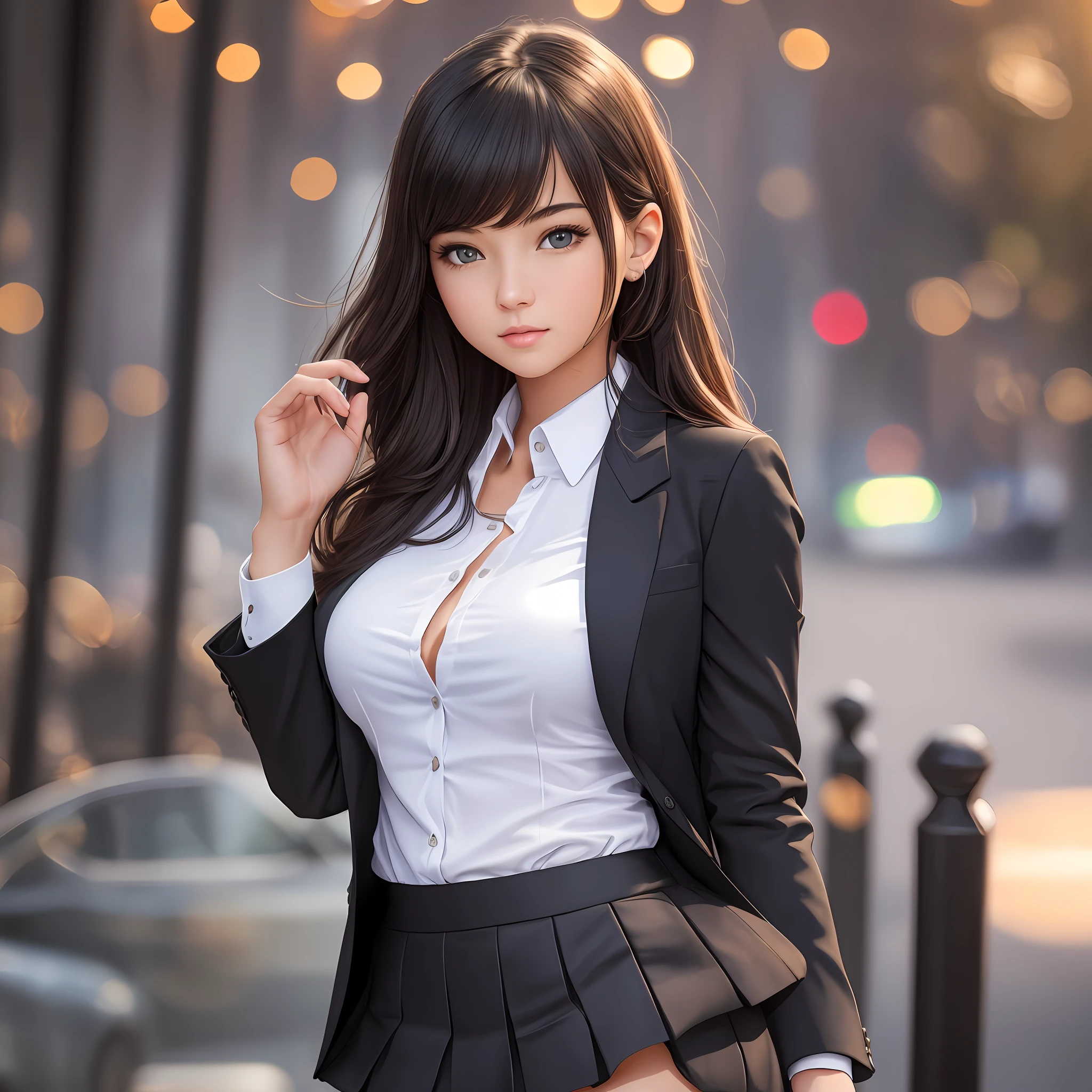 best quality, masterpiece, 1girl, Beautiful face, (photo realistic:1.3), rim lighting, (high detailed skin:1.2), 8k uhd, dslr, high quality, high resolution, 4k, 8k, Bokeh, absurdres, best ratio four finger and one thumb, (realistic:1.3), cute 1girl, wearing black formal blazer, medium breasts, short skirt, --auto --s2