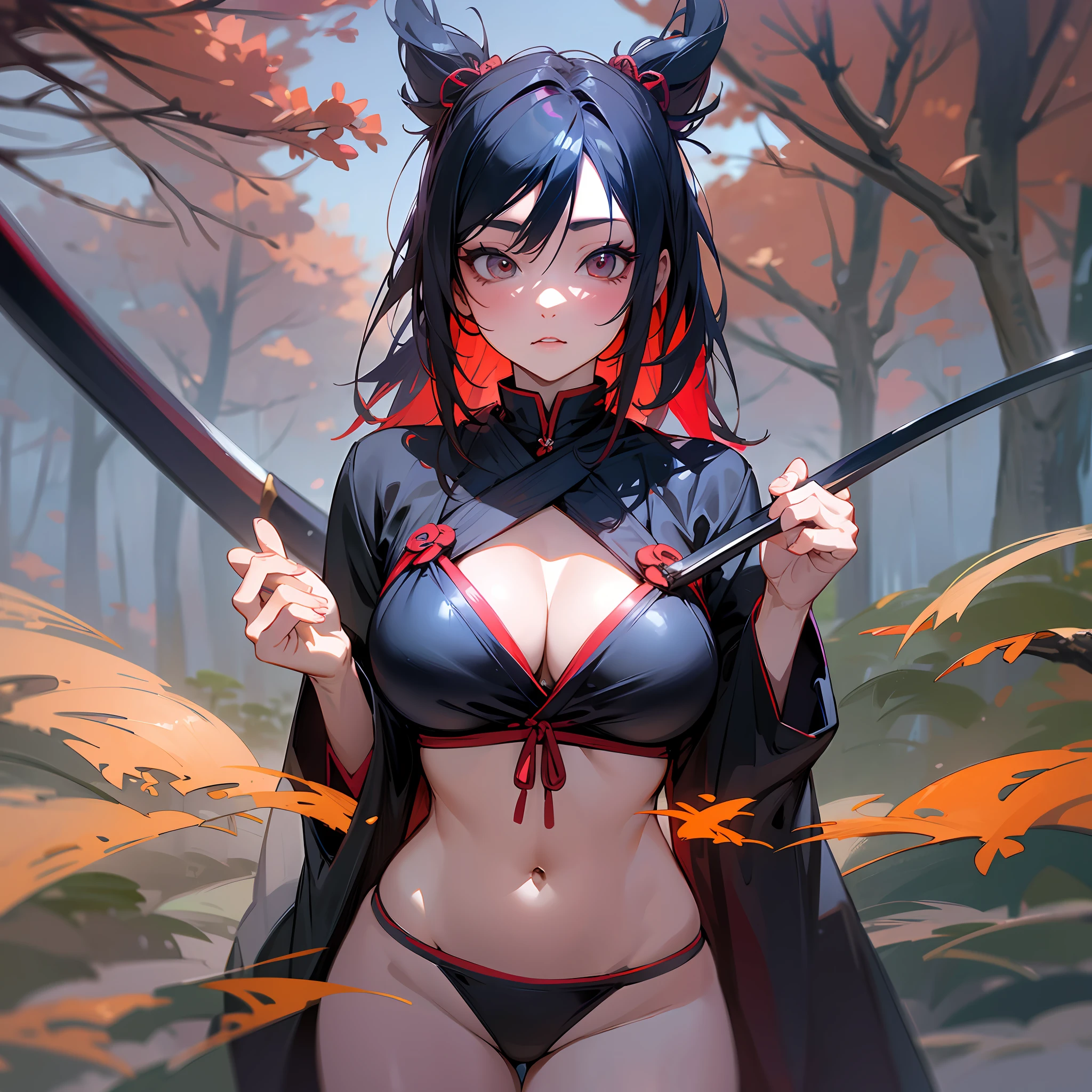 hunai sasuke halloween female fx photo, in the style of bold curves, redshift, dark crimson, uniformly staged images, 8k, leather/hide, cute and dreamy ,best quality,masterpiece,ultra high res,(photo realistic:1.4),1girl,looking at viewer,swimsuit,japanese woman,Big breasts, female ninja, micro bikini, future night, Japanese sword, Japanese scenery --auto --s2
