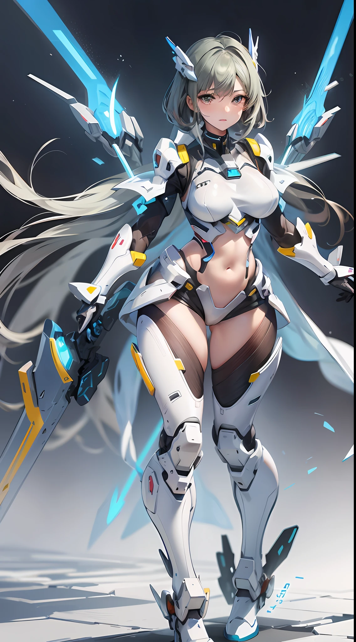 a woman in a futuristic suit with a sword,full-size photograph,Long legs, Slightly chubby,navel,Transparent skin,Perfect body shape,art feminine, Macro distance,mechanized valkyrie girl, ferra white mecha, girl in mecha cyber armor, female mecha, extremely detailed artgerm, echo from overwatch, Clear facial features,gorgeous female paladin,Advanced Rendering,depth of field