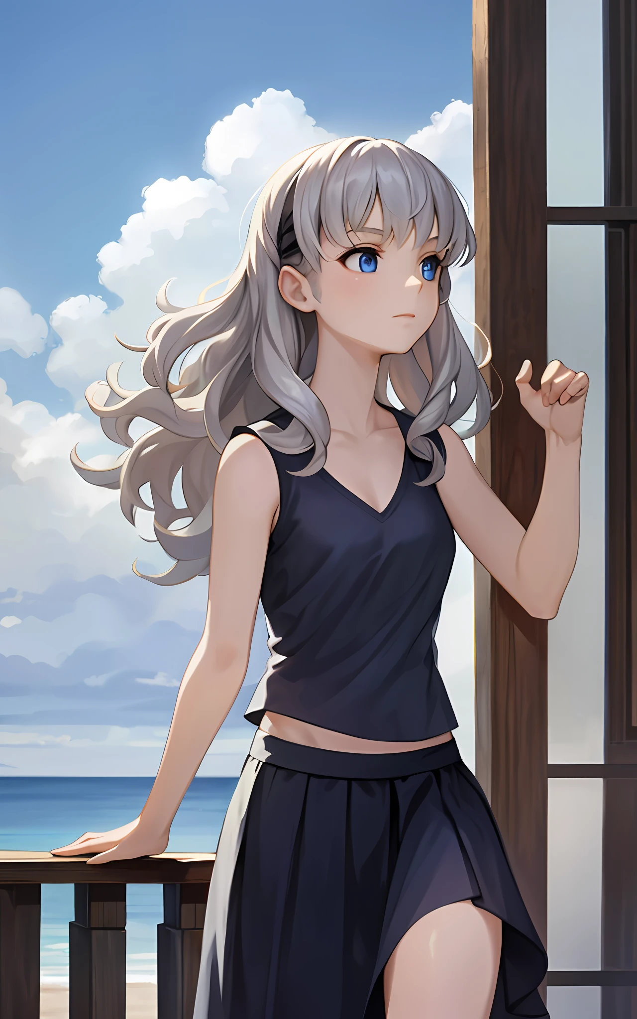 girl, solo, 23 years old, tavern, silver-haired, blue eyes, wavy hair, sister's plain clothes (sleeveless, skirt), looking up at the sky, drunk,