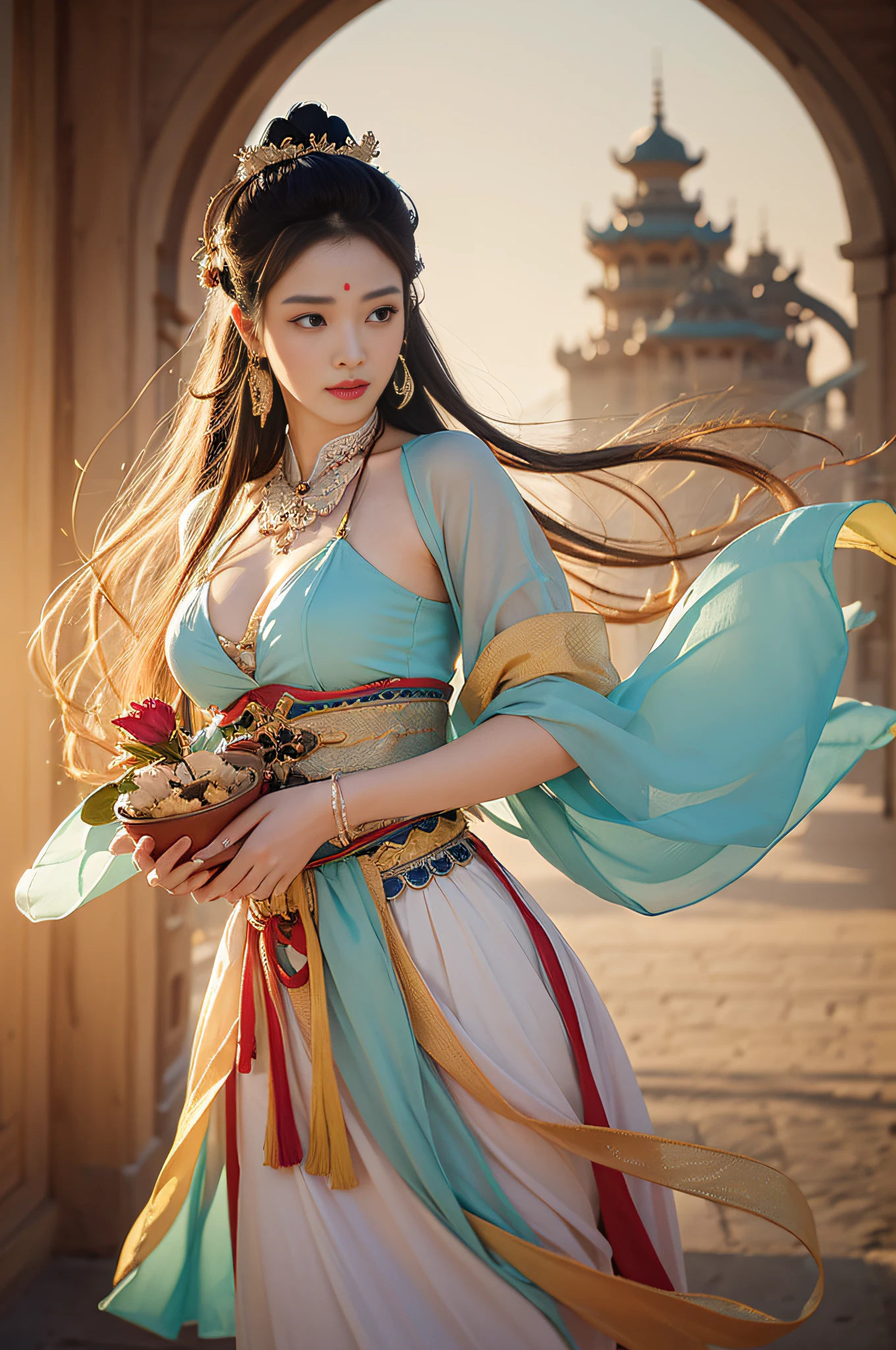 (Artist Ji Jian: 1.2), (Dunhuang Feitian Costume: 1.1), (Girl: 0.9), (Colorful + Neat Long Hair: 1.2), exquisite details, overall gorgeous, real restoration, exquisite workmanship, ink background, illuminated by light, beautiful, light and dark, soft side light, full of inspiration, excellent performance, fascinating. (World Class Quality: 1.05)