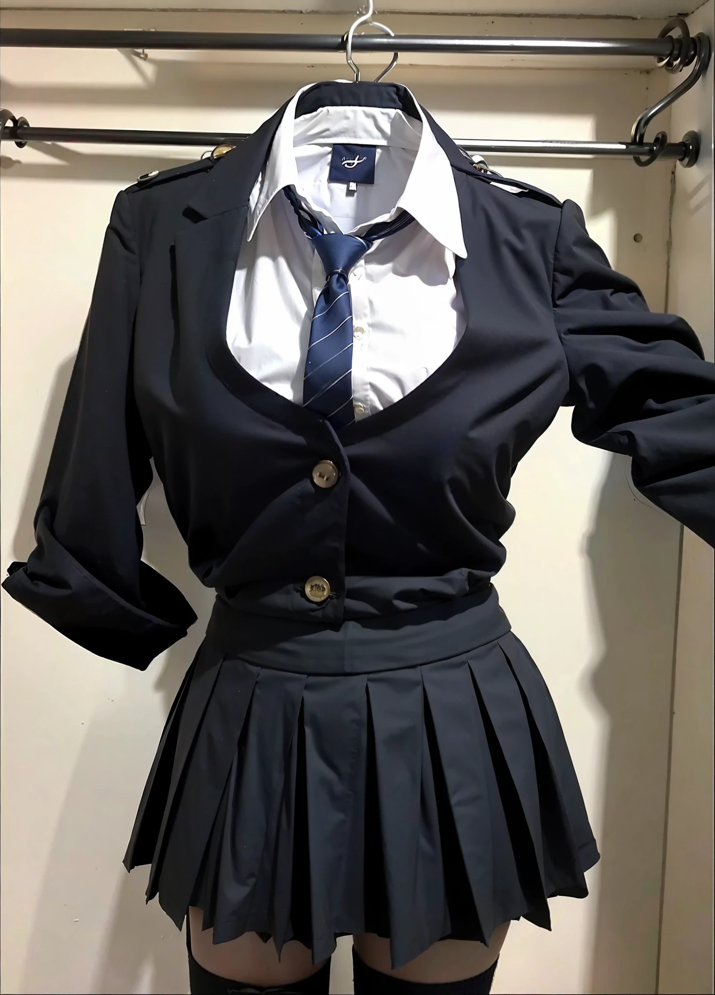 hanger school uniforms in closet raise their sleeves as if invisible girl wear it, school uniforms swells as if possessed by invisible girls, school uniforms have huge breasts, (((((no humans))))), (headless), faceless, invisible girls, (hanger), (in closet), hand on hip, (masterpiece), ((invisible)), huge breasts, very short skirt