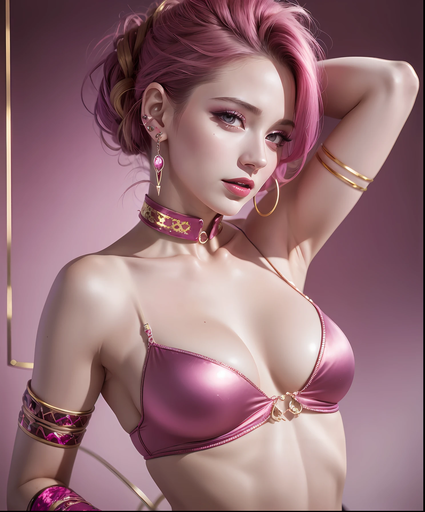 a sexy hot model with heart earrings, in the style of nick knight, light magenta and light gold, lively tableaus, daria endresen, dau al set, ivan albright, joyful whimsicality --auto --s2