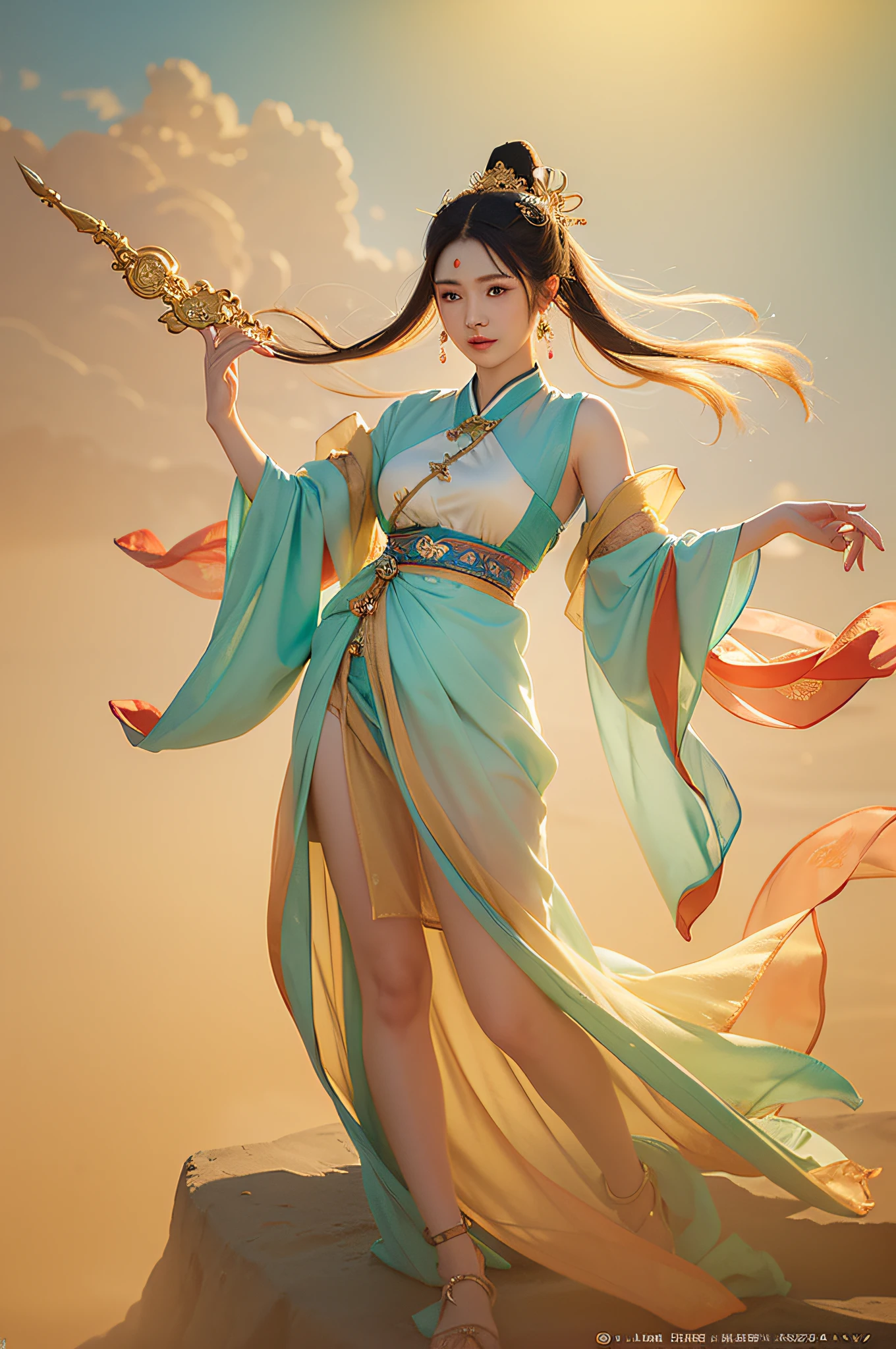 (masterpiece), Dunhuang cultural style, Dunhuang flying costume, girl [long hair:0.9], (artist jijian + inspired by Jijian:1.2), finely carved colorful colors, [foggy atmosphere: 1.1], rendering real details, exquisite craftsmanship presents outstanding works, stunning grand background and ink blending beauty, cherished details present chiaroscuro charm and soft side light details, [Inspired Lights: 1.1], Artistic Excellence Shines in Visual Illustrations, [World Class Quality: 1.1].