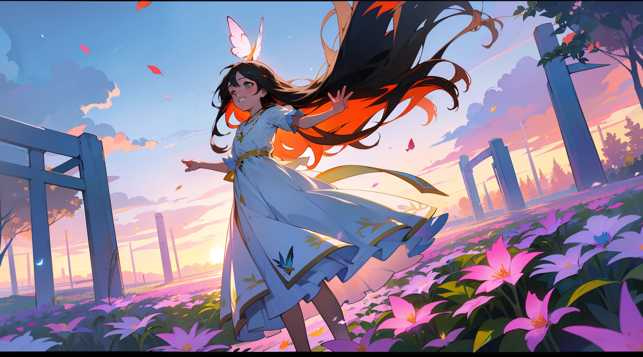 ((SFW))), Masterpiece, (High Quality), ((Photoreal)), (Cinematic Direction), (High Contrast), (Depth of Field: 1.2), (Award-winning Difference Photo), Face Detail, Detailed Drawing, (There is a place in the forest where flowers bloom, Girl dancing in a snow-white summer dress in that flower field, animals are happily jumping around the girl, Colorful little birds and butterflies fly around the girl),The girl is , black hair very long hair, summer sky, summer clouds, summer dazzling sunshine, flower garden, girl with open arms, necklace, smile, smile, happy, fun, girl looking up at the sky, deer, flapping duck, flapping goose, hummingbird, European bulbul, kingfisher, European oruri, butterfly, dazzling halo light, ( Dazzling Glow: .1.4, (Glow: 1.3), Backlit, (Multicolored petals soar in the wind), Anime Girl, Cartoon, Anime Face,