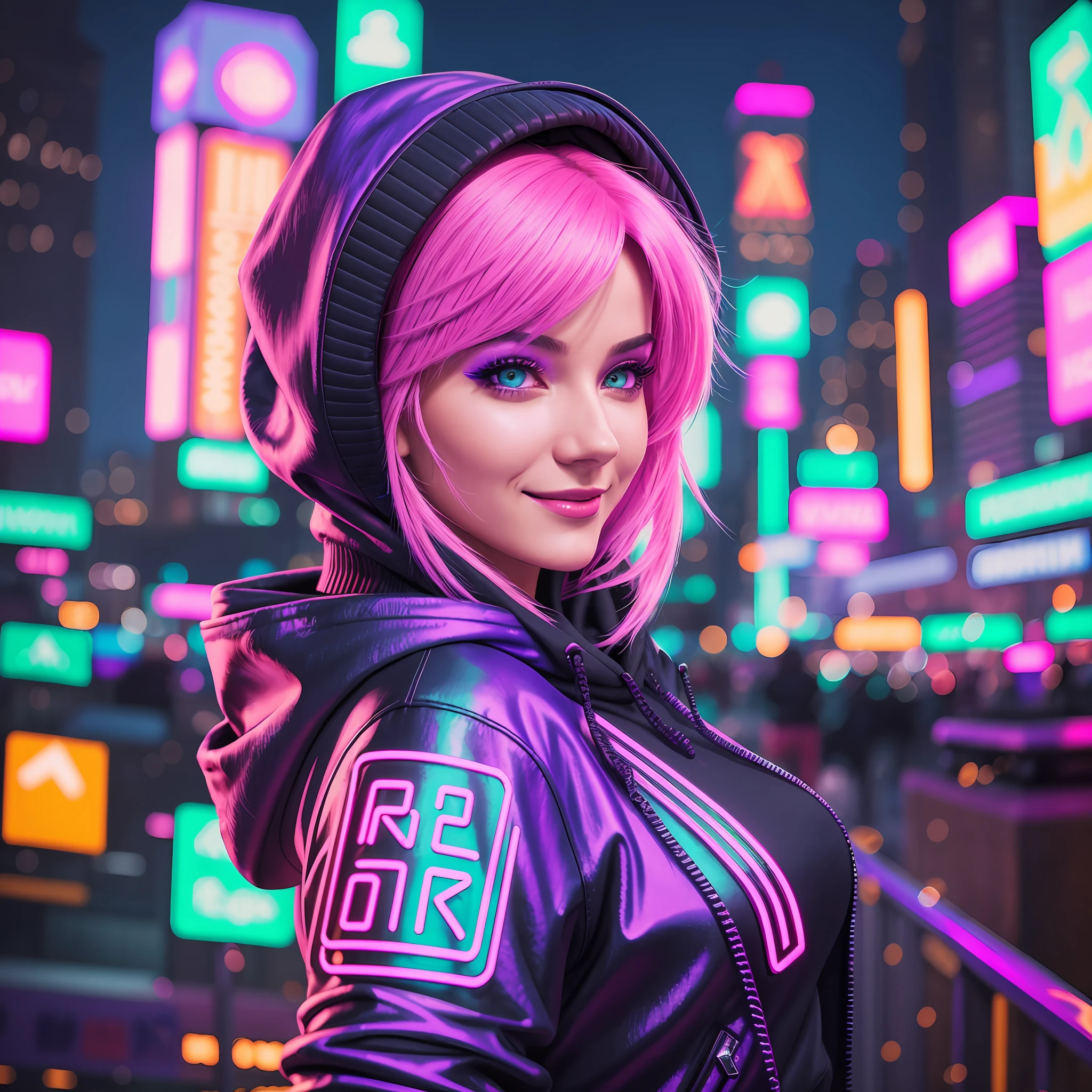 Flawless beautiful Russian Cyberpunk woman taking a selfie in a bustling Cyberpunk Night neon city environment. Highly detailed and hyperrealistic with real skin and real life looks. She has Colorful hair and wears a vibrant Neon lights Hoodie, smiling at the camera. 8k photorealism brings the city background to life in stunning detail Gorgeous Woman adorable woman, night Neon Cyberpunk city background)