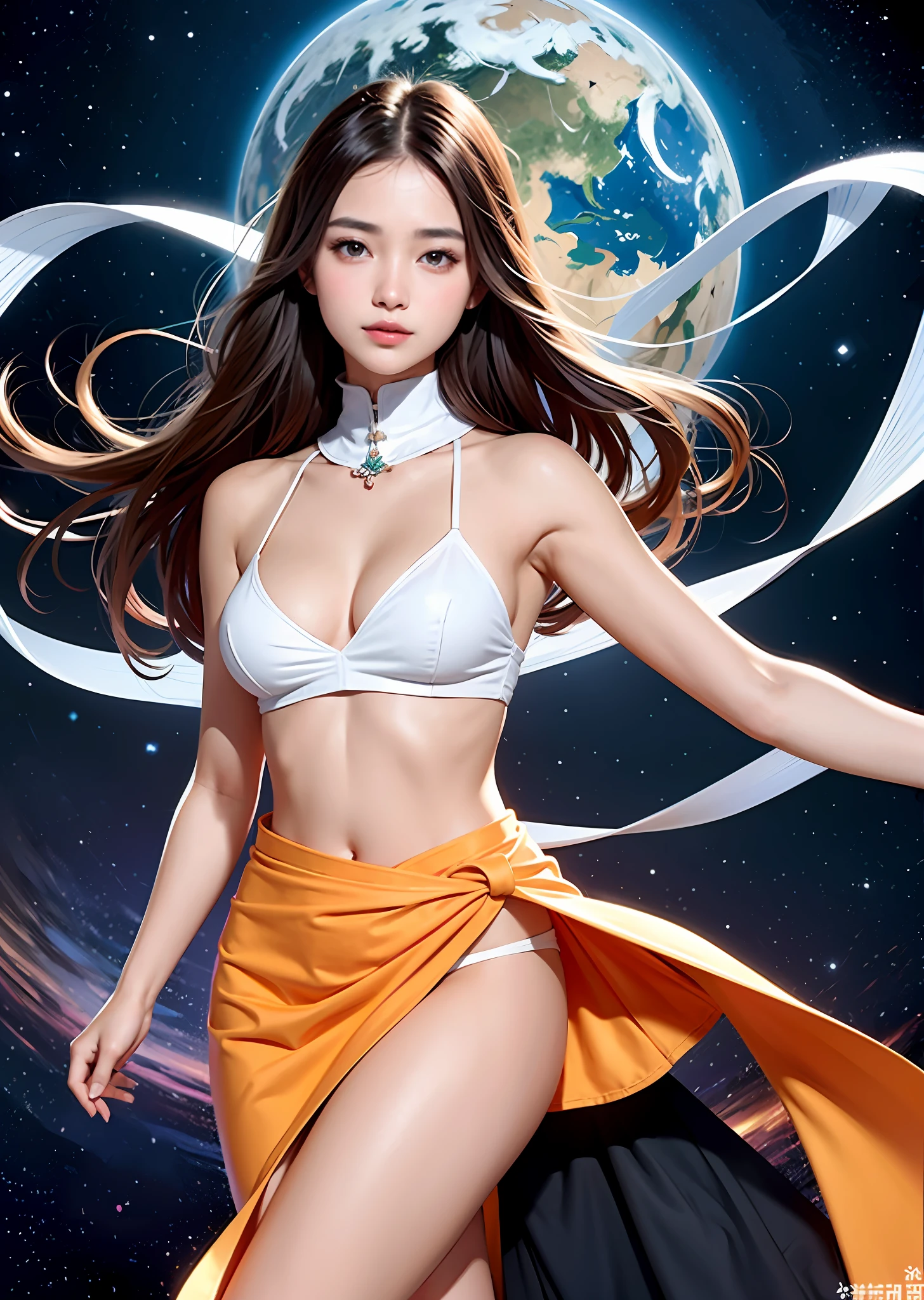 A gentle and charming Chinese stunning beauty, delicate and charming oval face, double eyelids, pink thin lips, attractive collarbone, square chin, smiling, happy, shoulder-length long hair, ultra-realistic, ultra-high-definition, very detailed, real skin, Perfect figure and charming figure, the orange wrap skirt perfectly shows the feminine curves, and it is elegant with a turtleneck. At the same time, the irregular skirt breaks the visual proportions, and can also create a visual sense of narrowing the wide crotch