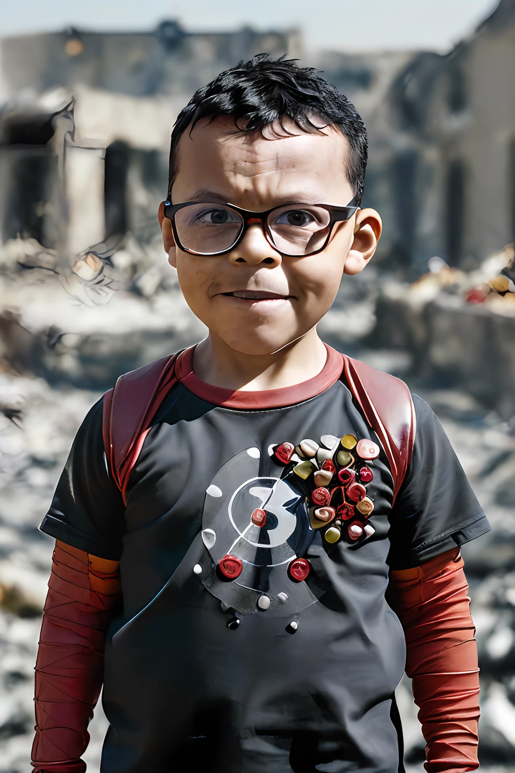 guttonerdvision4, portrait of one (((3--old , wearing glasses)), wearing the costume of the character "Deadpool", (((without mask))). ((The setting is a burning environment with pieces of stone around it and rubble on fire).) Scene (((realistic))) and (((detailed))), with depth of field to give more realism to the scene.