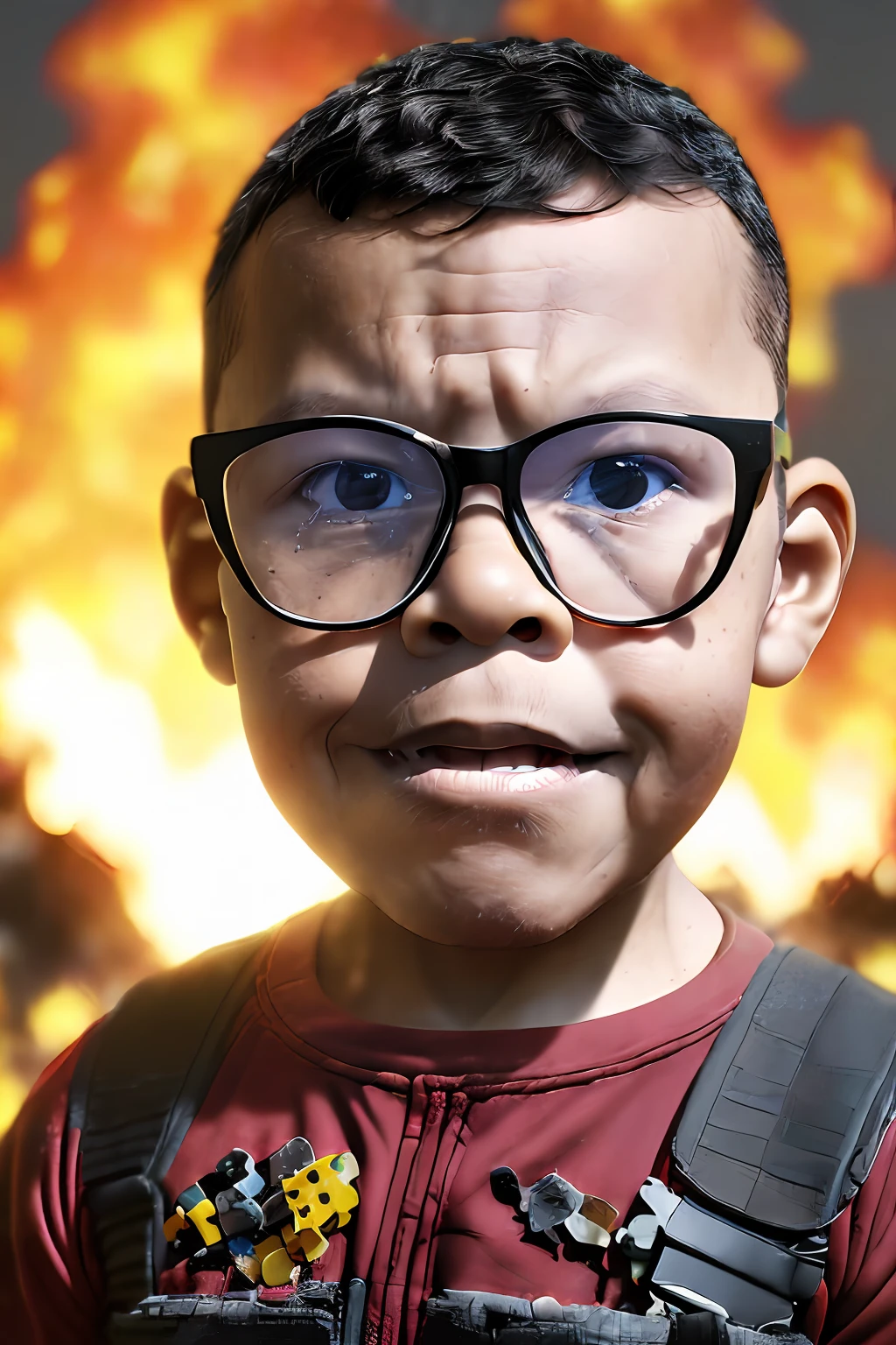 guttonerdvision4, portrait of one (((3--old , wearing glasses)), wearing the costume of the character "Deadpool", (((without mask))). ((The setting is a burning environment with pieces of stone around it and rubble on fire).) Scene (((realistic))) and (((detailed))), with depth of field to give more realism to the scene.