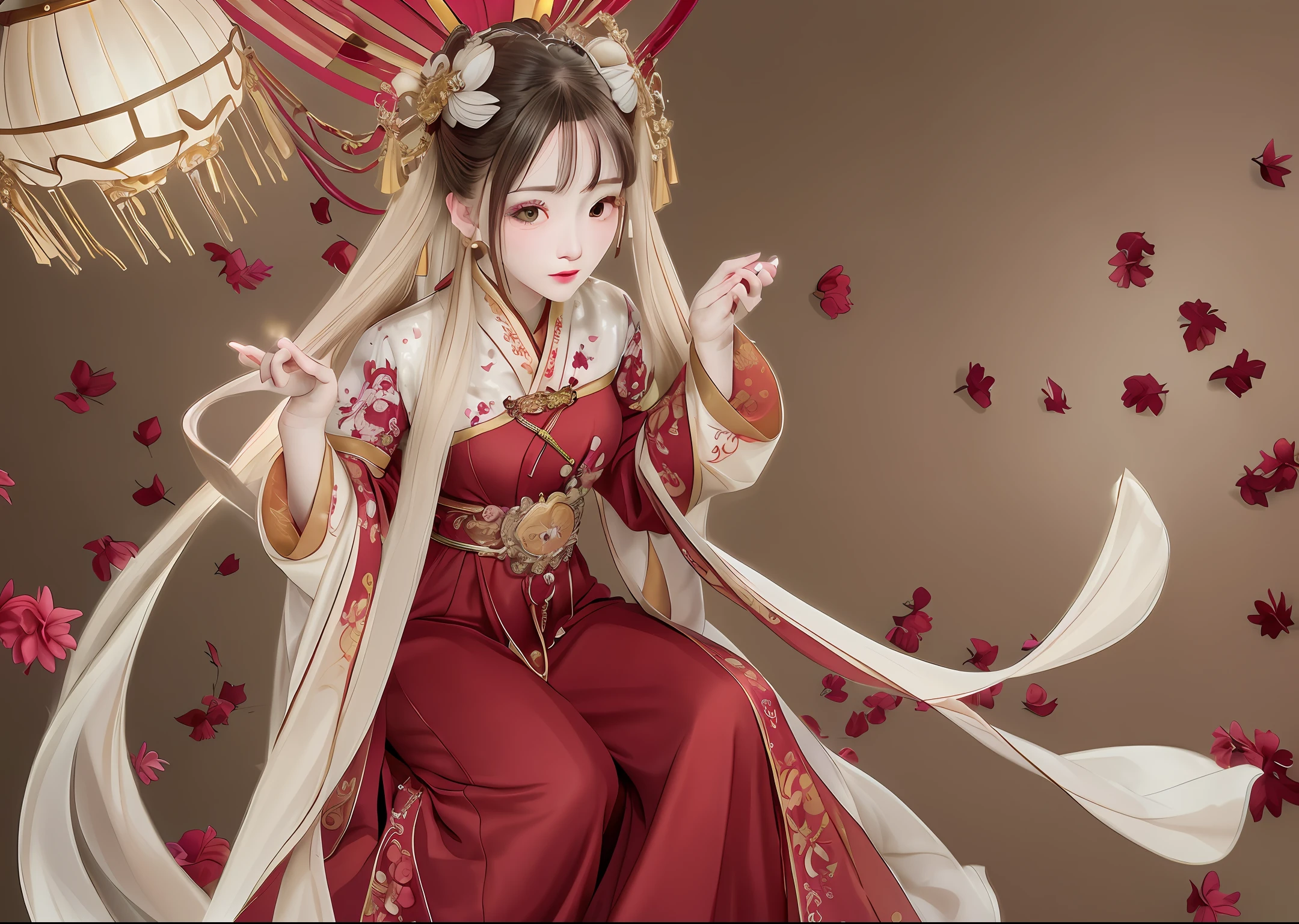 Superb Beauty, (Milky Skin: 1.3), Exquisite Details, High Resolution, Wallpaper, 1 Woman, Solo, Dress, Hair Accessories, (((Golden Red Dress)) ), Flower, Long Hair, Brown Hair, Shut Up, Accessories, Long Sleeves, Raised Hands, Wide Sleeves, Big Eyes, Flowing Hair, Hanfu, Hanfu, Embroidery, Long Dress, Natural Pose, Falling Petals, Indoor, Fanning, Lantern, 16K, HDR, High Resolution, Depth of Field, (Film grain: 1.1), Bococon, Primetime, (lens flare), vignette, rainbow, (color grading: 1.5), black, face