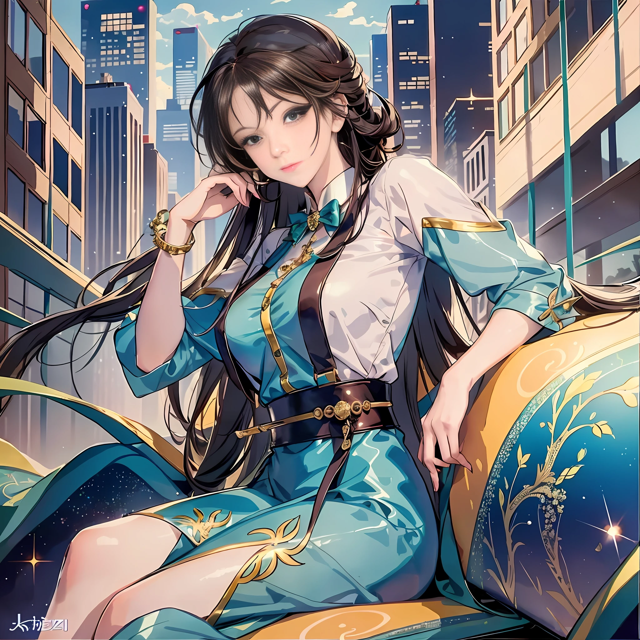 anime girl sitting on a chair in a city with a cityscape in the background, beautiful alluring anime woman, ”beautiful anime woman, by Yang J, portrait knights of zodiac girl, beautiful anime girl, high detailed official artwork, beautiful anime woman, beautiful anime portrait, highly detailed exquisite fanart, official artwork, attractive anime girl, seductive anime girl, official art