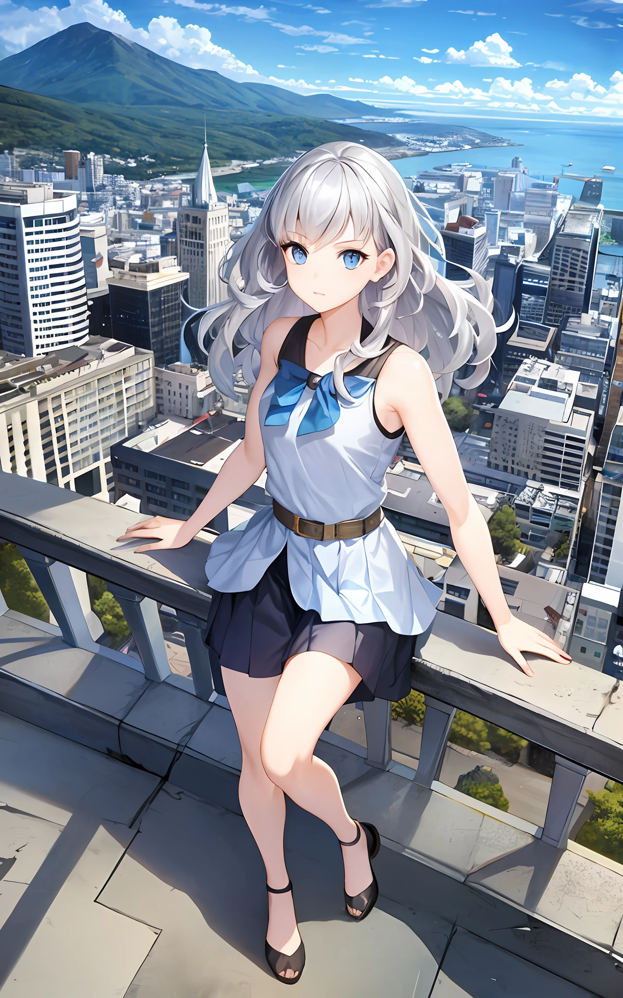 Girl, Solo, 23 years old, city looking down from the hill (vivid depiction), silver hair, blue eyes, wavy hair, sister's plain clothes (sleeveless, skirt), looking up at the sky,