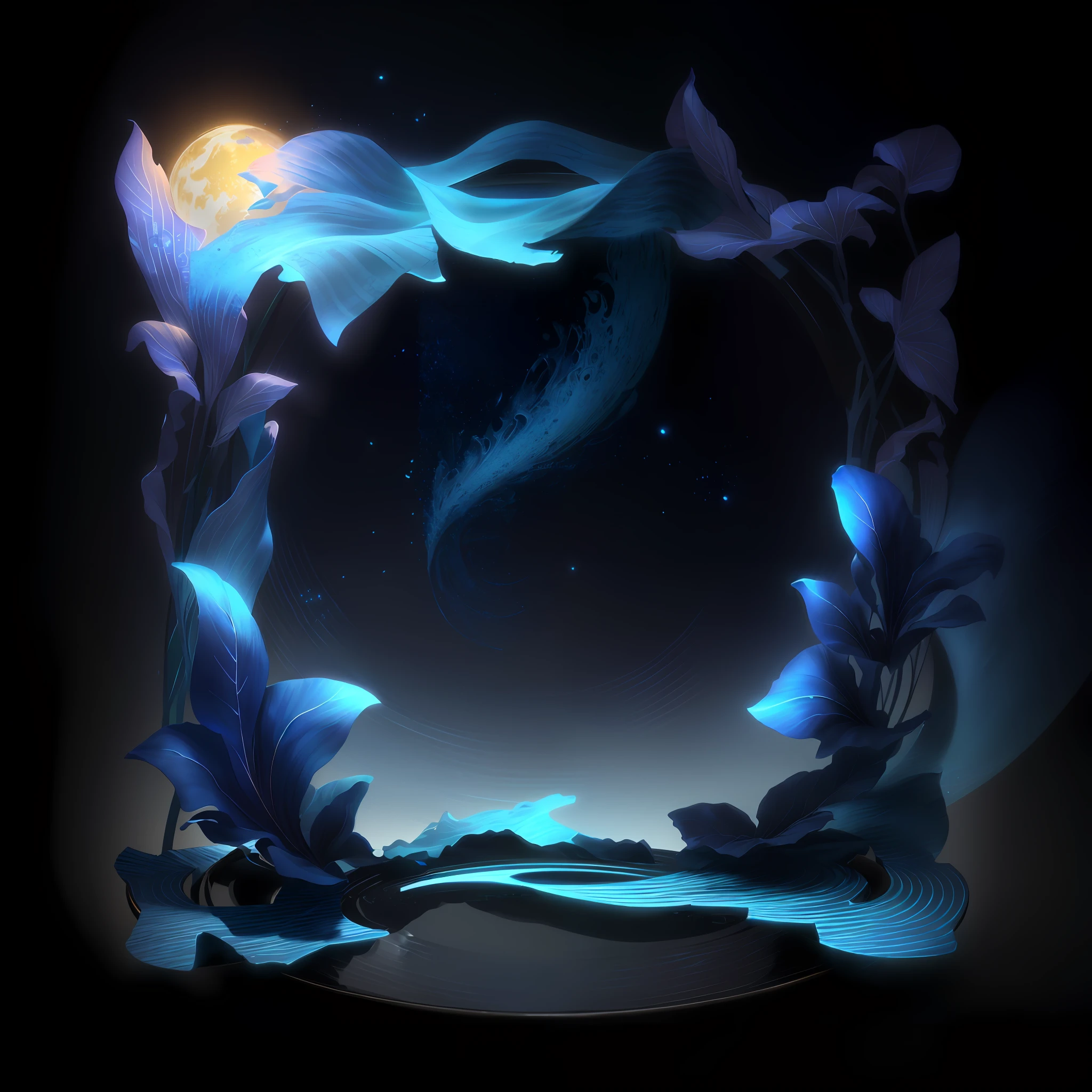 ((Blue)), box, no graphics in the center of the box, (simple background: 1.5), (square), moon, firefly, night, mooncake, masterpiece, super, (extremely detailed CG unity 8k wallpaper), (best quality), (best illustration), (best shadow), UI interface frame design, water element, chinoiserie theme, particle effects, octane rendering, ray tracing, super detailed