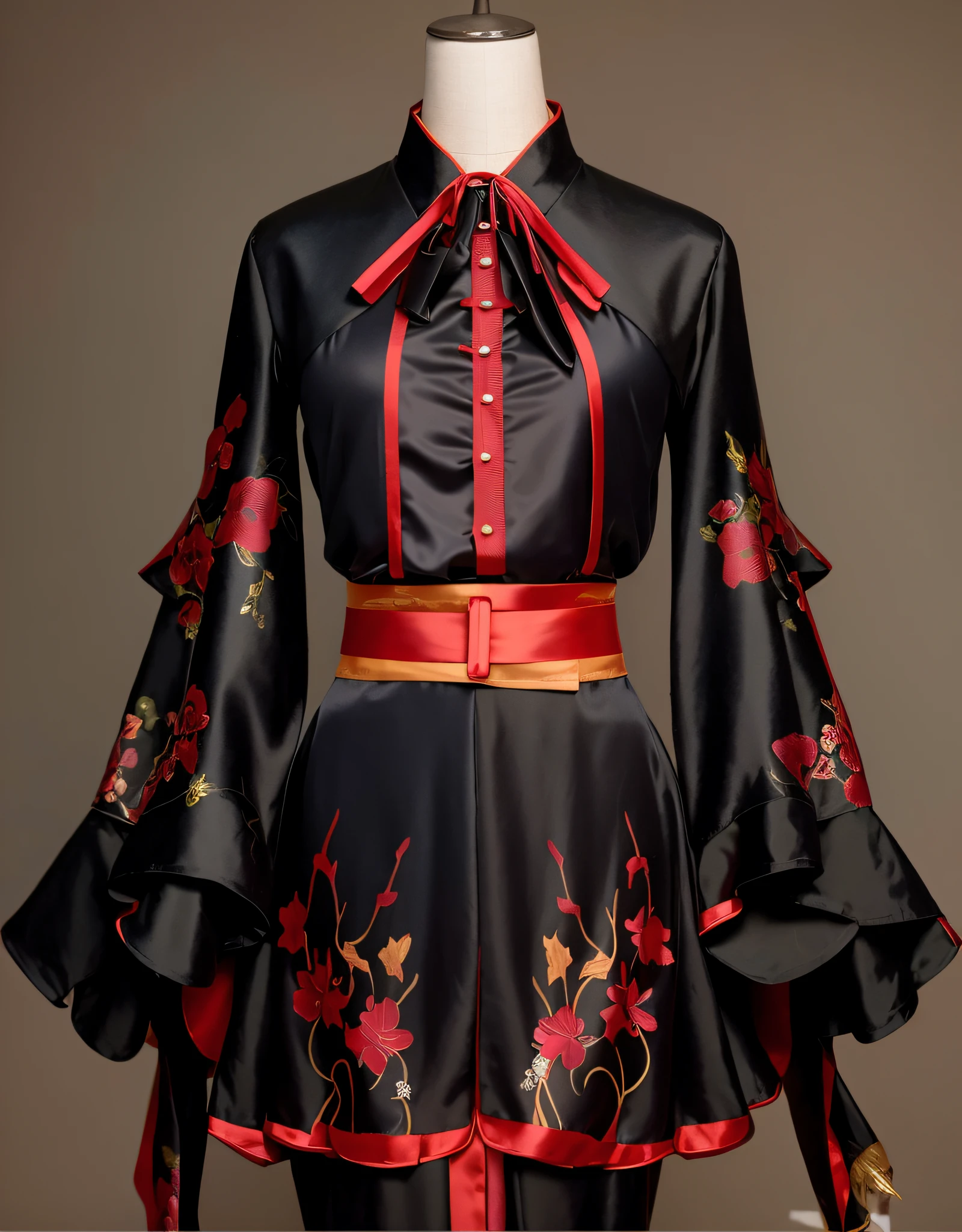 Close-up of suit on mannequin with flowers, black hanfu, fantasy style clothing, suit, hanfu, traditional clothing, flowing silk, costume design, smooth black clothing suit, inspired by Pw, realistic clothing