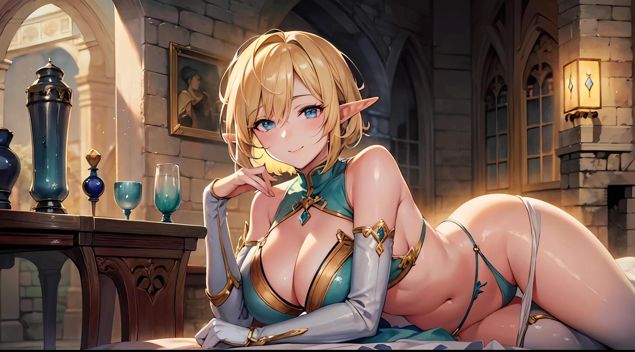 (watercolor: 1.2), elf, light yellow hair, short hair, light blue eyes, hair between eyes, high resolution, large breasts, full body, showing navel and thighs, happy expression, fantasy, in a medieval inn --auto --s2