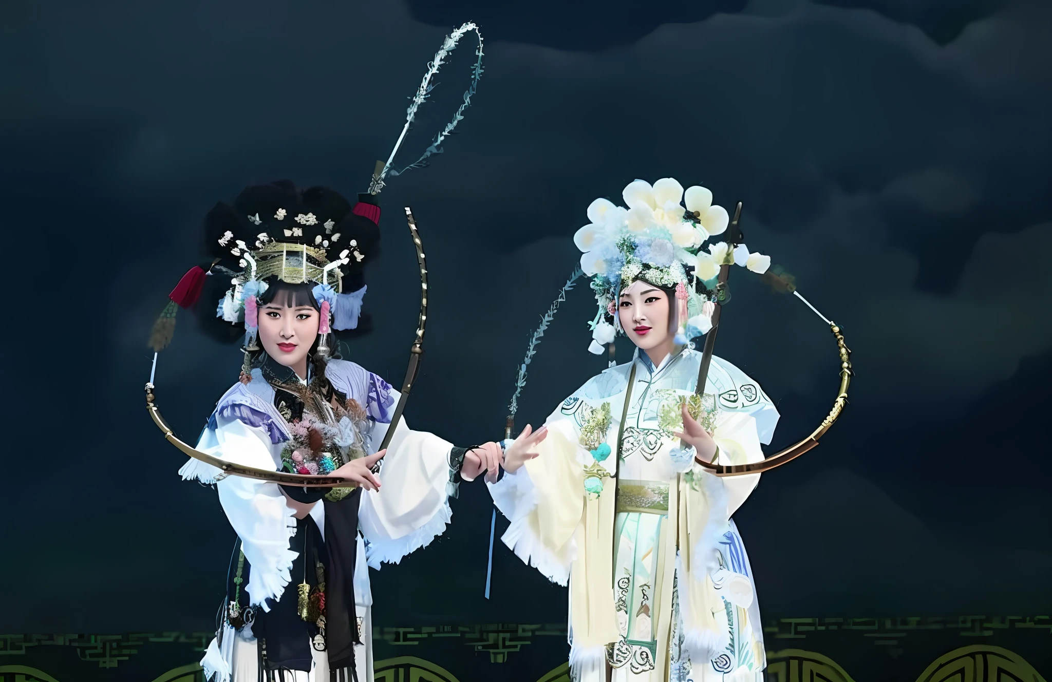two women in elaborate costumes stand on a stage with hoops, peking opera, traditional chinese, wearing ancient chinese clothes, ruan jia and fenghua zhong, traditional chinese clothing, chinese ribbon dance, high quality theatre costume, traditional costume, chinese costume, queen of the sea mu yanling, wuxia, ancient chinese beauties, nezha, chinese heritage --auto --s2
