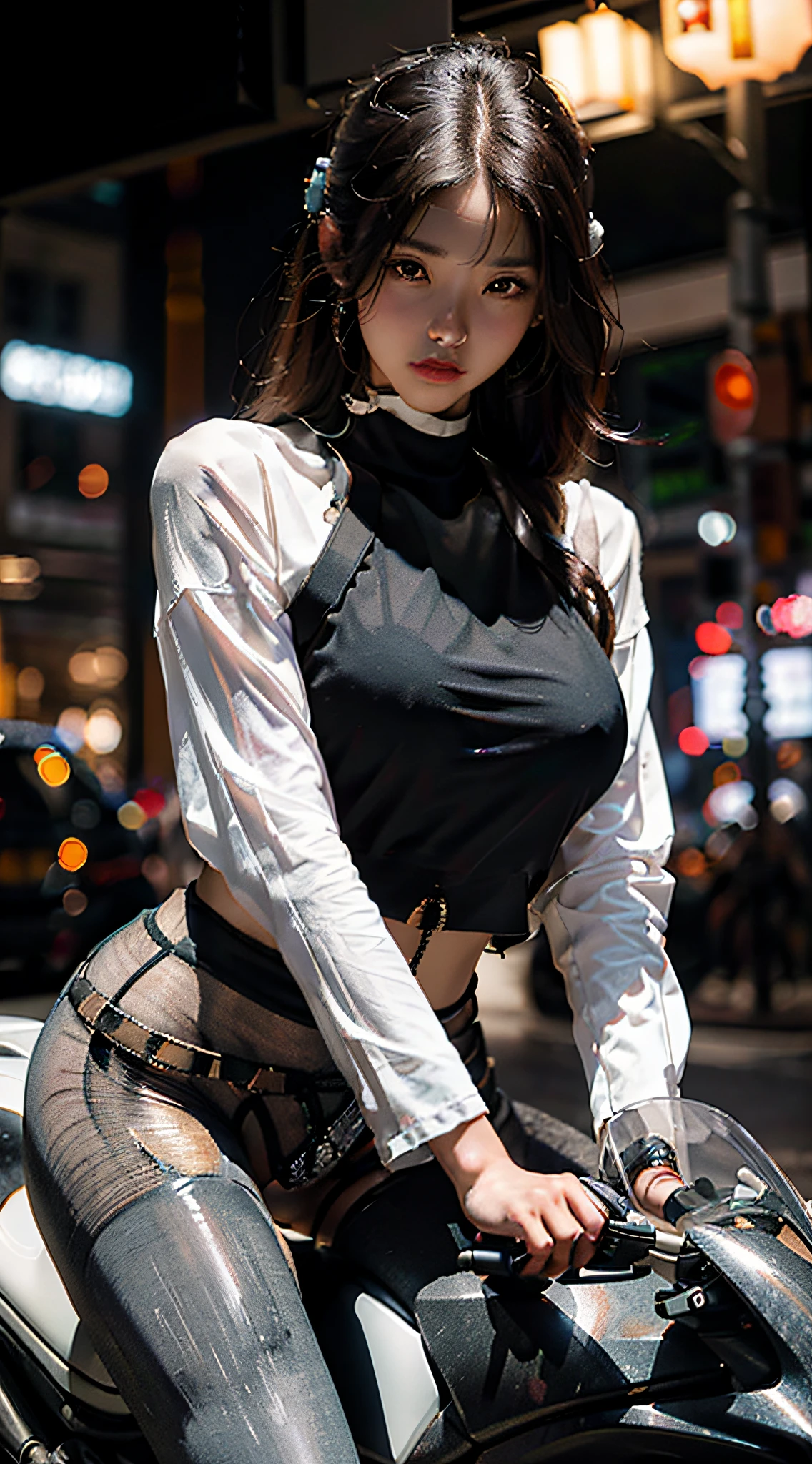 Highest quality, outstanding detail, super high resolution, (realism: 1.4), best illustration, favor details, highly condensed 1girl, with a delicate and beautiful face, dressed in black and white mecha, (torn clothes: 1.5), (leggings), wearing a mecha helmet, holding a direction controller, riding on a motorcycle, the background is a high-tech lighting scene of the futuristic city.