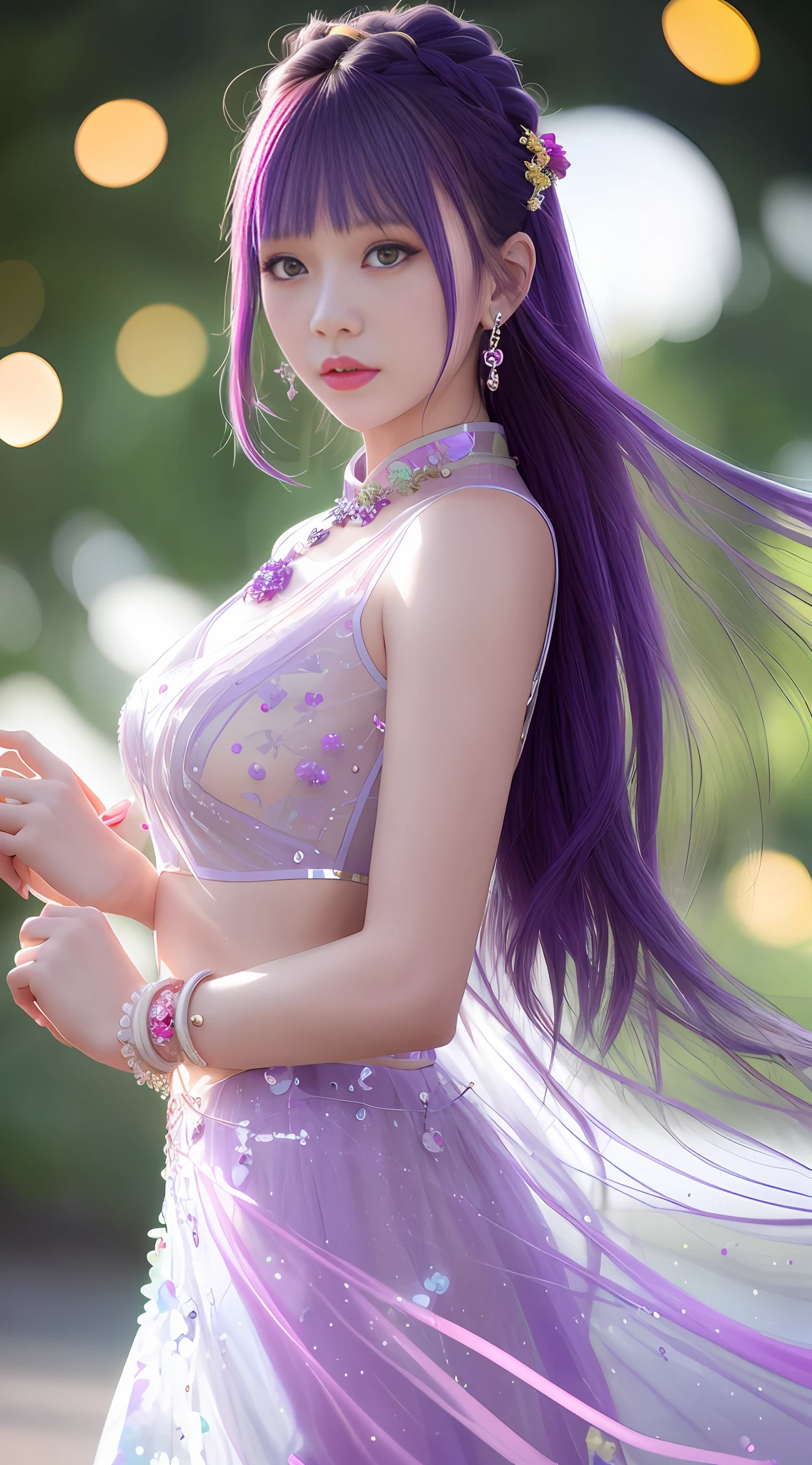 Top Quality, Masterpiece, High Resolution, 1girl, Cheongsam, Hair Ornament, Necklace, Jewelry, Beautiful Face, upon_body, Tyndall Effect, Rim Lighting, Two-Tone Lighting, (High Detail Skin: 1.2), 8K UHD, DSLR, Soft Lighting, High Quality, Volumetric Lighting, Candid, Photography, High Resolution, 4K, 8K, Bokeh, Purple Hair, (Transparent Clothing: 1.4), Big,