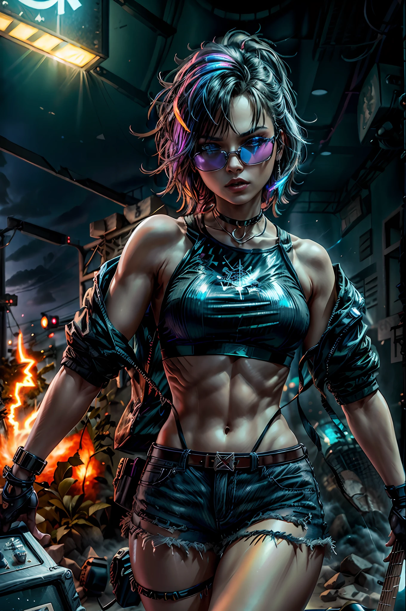 (photorealistic:1.4),official art,unity 8k wallpaper,ultra detailed,exquisitely detailed skin,(cinematic angle)(film grain:1.2)cinematic lighting,beautiful and aesthetic,dynamic lighting,masterpiece,best quality,glowing skin,cyberpunk,mechanical arms,(cyberpunk joints),(neon light),(cybernetic implants:1.2),(augmentations),(cyborg:1.2)(cowboy shot),,1girl,short hair,slim body,medium breasts,narrow waist,tank top,high waist shorts,fishnet pantyhouse,a rock band lead singer,Heavy Metal,(playing a electric guitar:1.4),wearing a sunglasses,chain,silver,necklace,live house,fiery atmosphere,sexy,charming,(loudspeaker box:1.3),wire,cable tail,devil horn,dynatic pose,excited,
a small wooden toy,\(\(intricate details\)\),colorful details,iridescent colors BREAK,\(\(masterpiece best quality\)\),4k,ultra detailed,detailed lighting,\(\(inspired by Hayao Miyazaki\)\),official art,promotional art,composition,