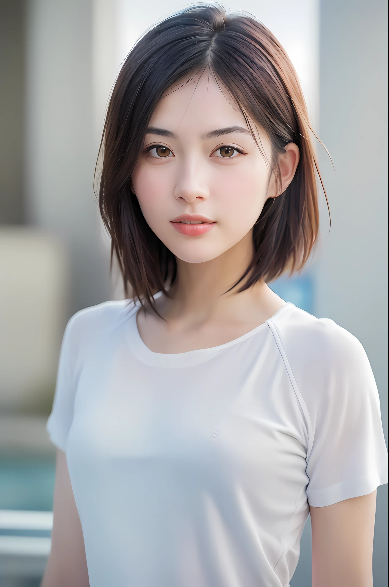 Swimsuited, (Photoreal: 1.4), (Hyperrealistic: 1.4), (Realistic: 1.3), (Smooth Lighting: 1.05), (Cinematic Lighting Quality Improvement: 0.9), 32K, 1 Girl, 20 Year Old Girl, Realistic Lighting, Backlit, Face Lights, Ray Tracking, (Bright Light: 1.2), (Quality Improvement: 1.4), ( Top quality realistic texture skin: 1.4), fine detailed eyes, detailed face, fine quality eyes, (tired, sleepy and satisfied: 0.0), face close-up, t-shirt, (enhance body line atmosphere: 1.1), (enhance skin texture beauty: 1.1)