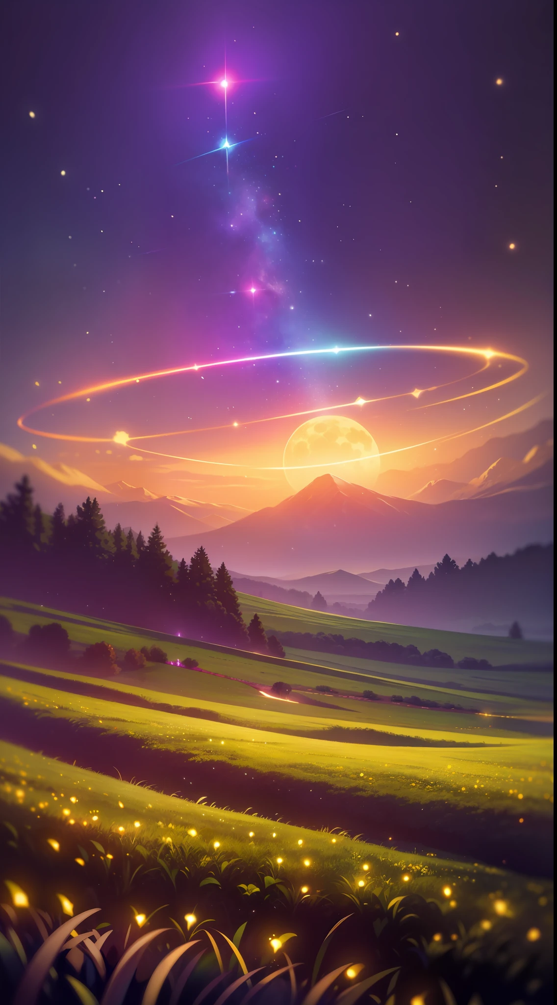 Vast landscape photo, (viewed from below, the sky is above and the open field is below), a girl standing on a flower field looking up, (full moon: 1.2), (meteor: 0.9), (nebula: 1.3), distant mountains , Trees BREAK Crafting Art, (Warm Light: 1.2), (Fireflies: 1.2), Lights, Lots of Purple and Orange, Intricate Details, Volumetric Lighting, Realism BREAK (Masterpiece: 1.2), (Best Quality), 4k, Ultra-Detailed, (Dynamic Composition: 1.4), Very Detailed, Colorful Details, (Rainbow Colors: 1.2), (Glow Lighting, Atmospheric Lighting), Dreamy, Magical, (Solo: 1.2)