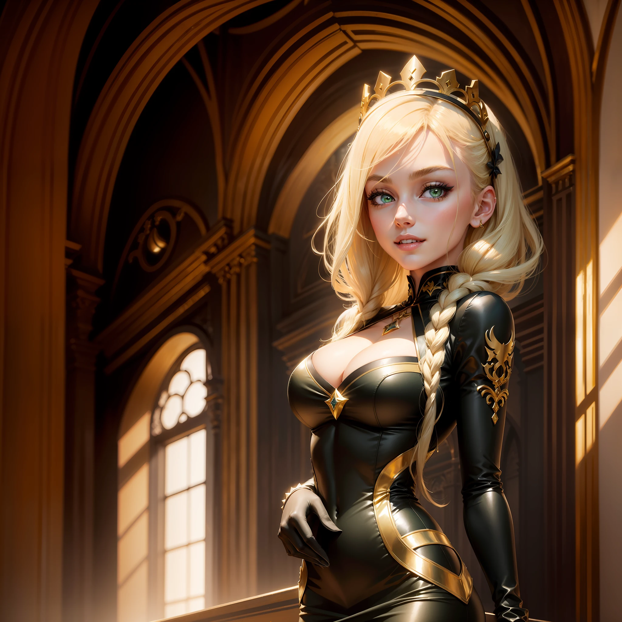 1 girl, masterpiece, blond hair, dark green eyes, European face, highest quality, solo focus, (perfect face: 1.1), (high detail: 1.1), black tight dress, black gloves, golden crown, gothic architecture, beautiful wide smile, full shot, slim body, (high body definition), Atlantic physique.